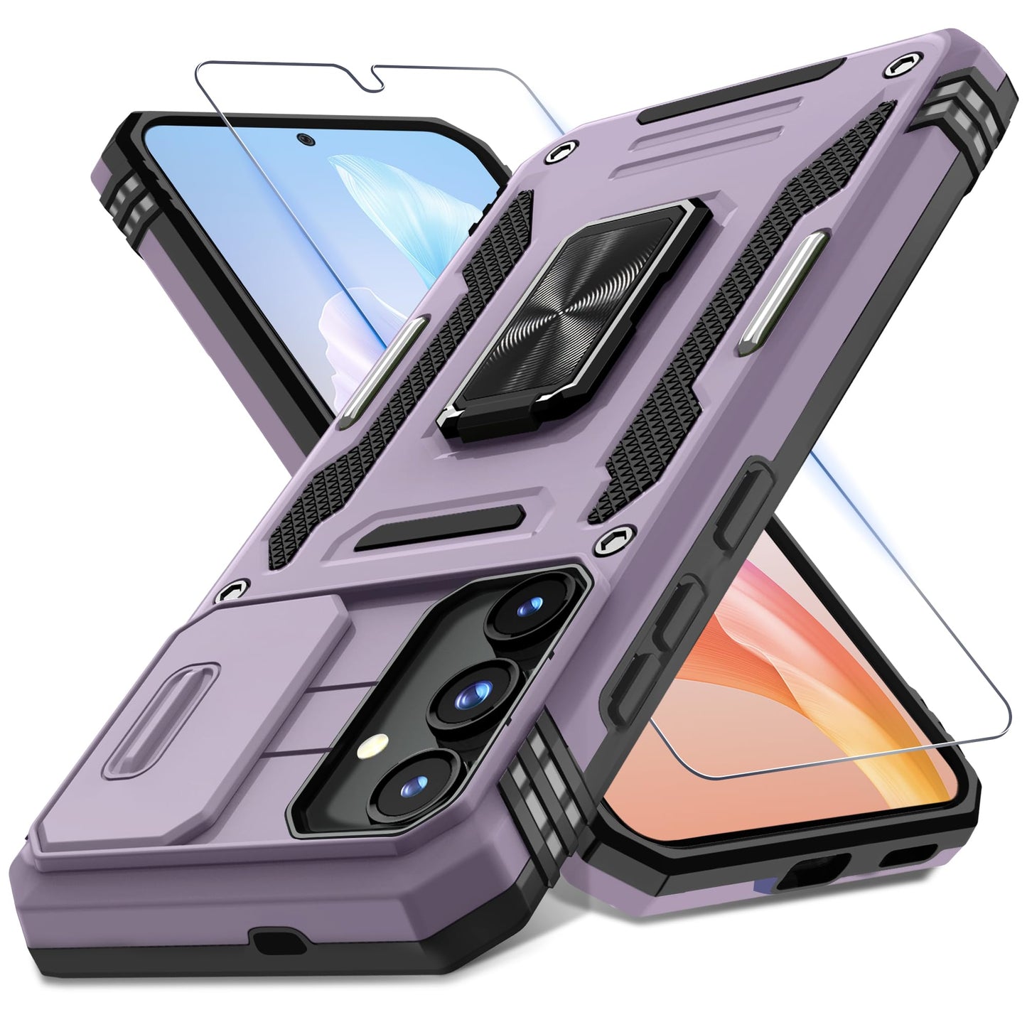 DEERLAMN Case for Samsung Galaxy S24+ Plus with Slide Camera Cover+Screen Protector (1 Pack), Rotated Ring Kickstand Military Grade Shockproof Protective Cover-Black