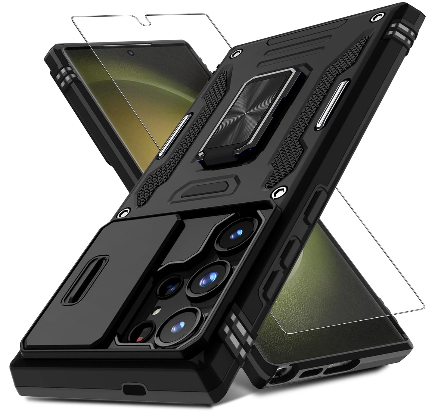 DEERLAMN Case for Samsung Galaxy S24+ Plus with Slide Camera Cover+Screen Protector (1 Pack), Rotated Ring Kickstand Military Grade Shockproof Protective Cover-Black