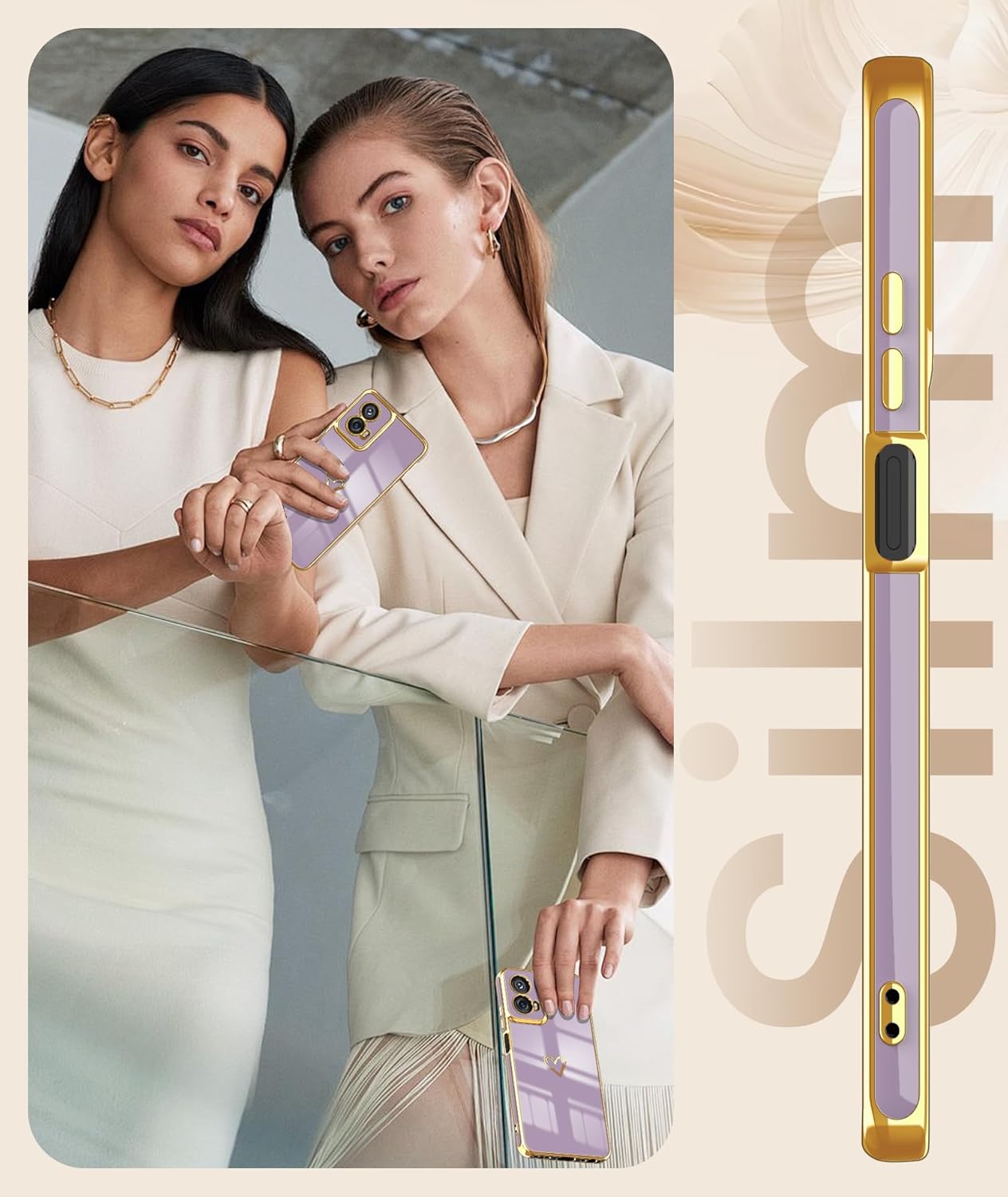 Dretal for Motoro Moto G 5G 2024 Case with 2X Screen Protector, Girl Women Cute Girly Love-Heart Luxury Gold Soft Camera Protection Bumper Shockproof Case for Moto G 2024 (Purple