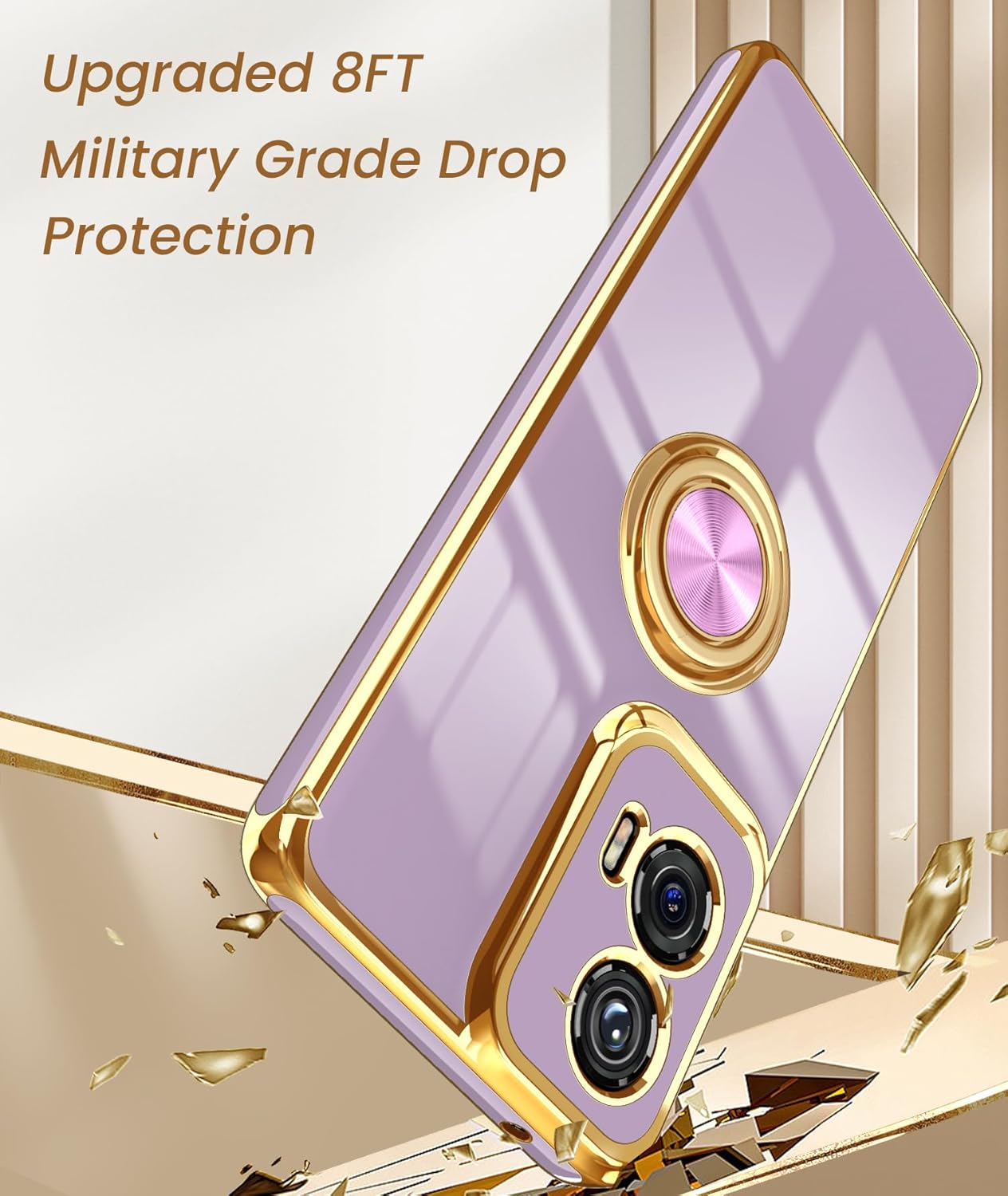 Dretal for Moto G Stylus 5G 2024 Case, 2X Screen Protector, 360° Rotatable Ring Holder Magnetic Kickstand,Plated Gold Edge Slim Soft TPU Protective Cover for Motorola G Stylus 5G (Purple)