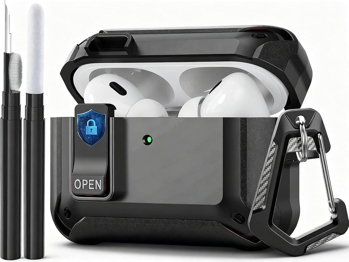 Compatible with AirPods Pro 3 Case Lock 2025, Shockproof AirPods iPod Pro 3rd Generation Protective Case Cover for Men Women with Cleaning Kit&Carabiner Black