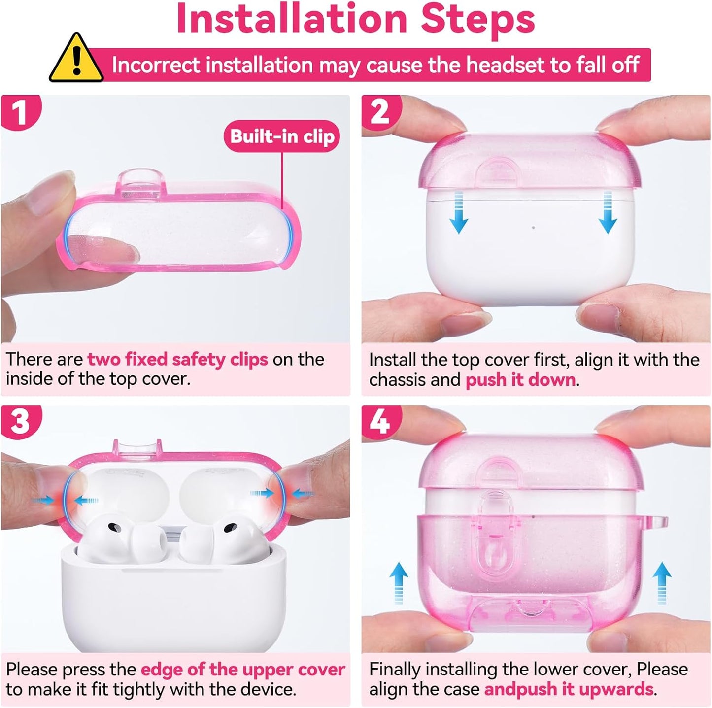 with Safety Lock for AirPods Pro 3 Case 2025,Clear Cases with Phone Stand & Cleaning Kit,Soft TPU Cover for Airpods Pro 3rd Generation Case,Cute Bling Keychain for Women Girls-Glitter Pink