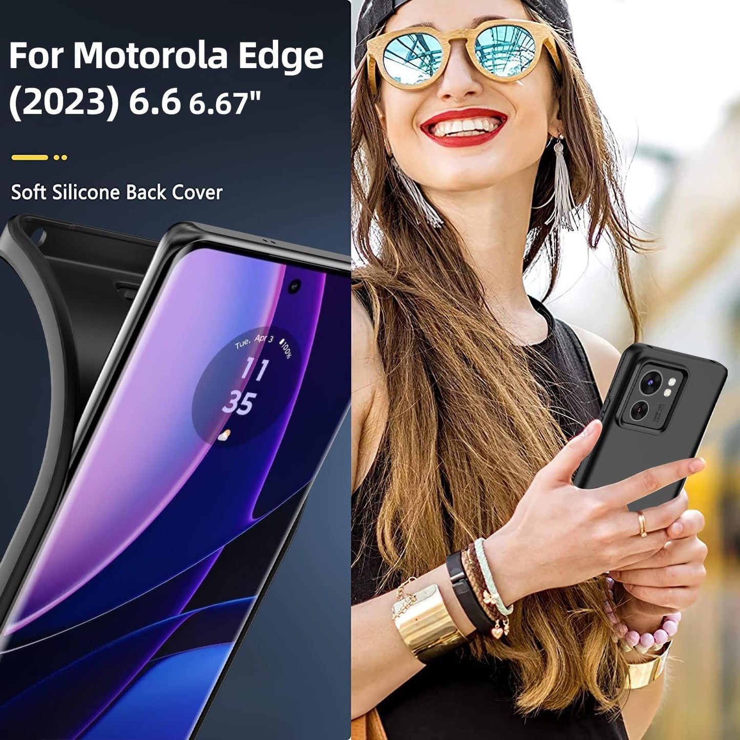 for Motorola Moto Edge 2023 Case and 1 Pack Tempered Glass Screen Protector, Slim Silicone Shockproof Protective Case Cover - Black