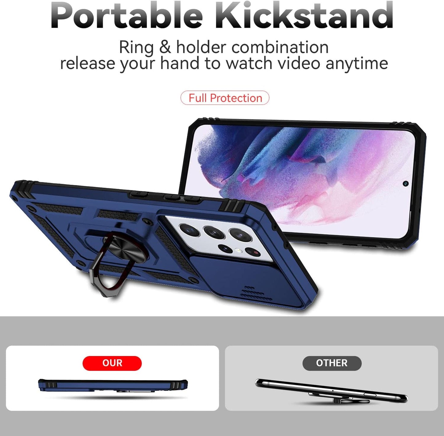 Case for Samsung Galaxy S21 Ultra 5G Protective Phone Case Navy Blue | with Camera Lens Cover, HD Screen Protector, Military-Grade Drop Tested, Magnetic Ring Holder, Kickstand