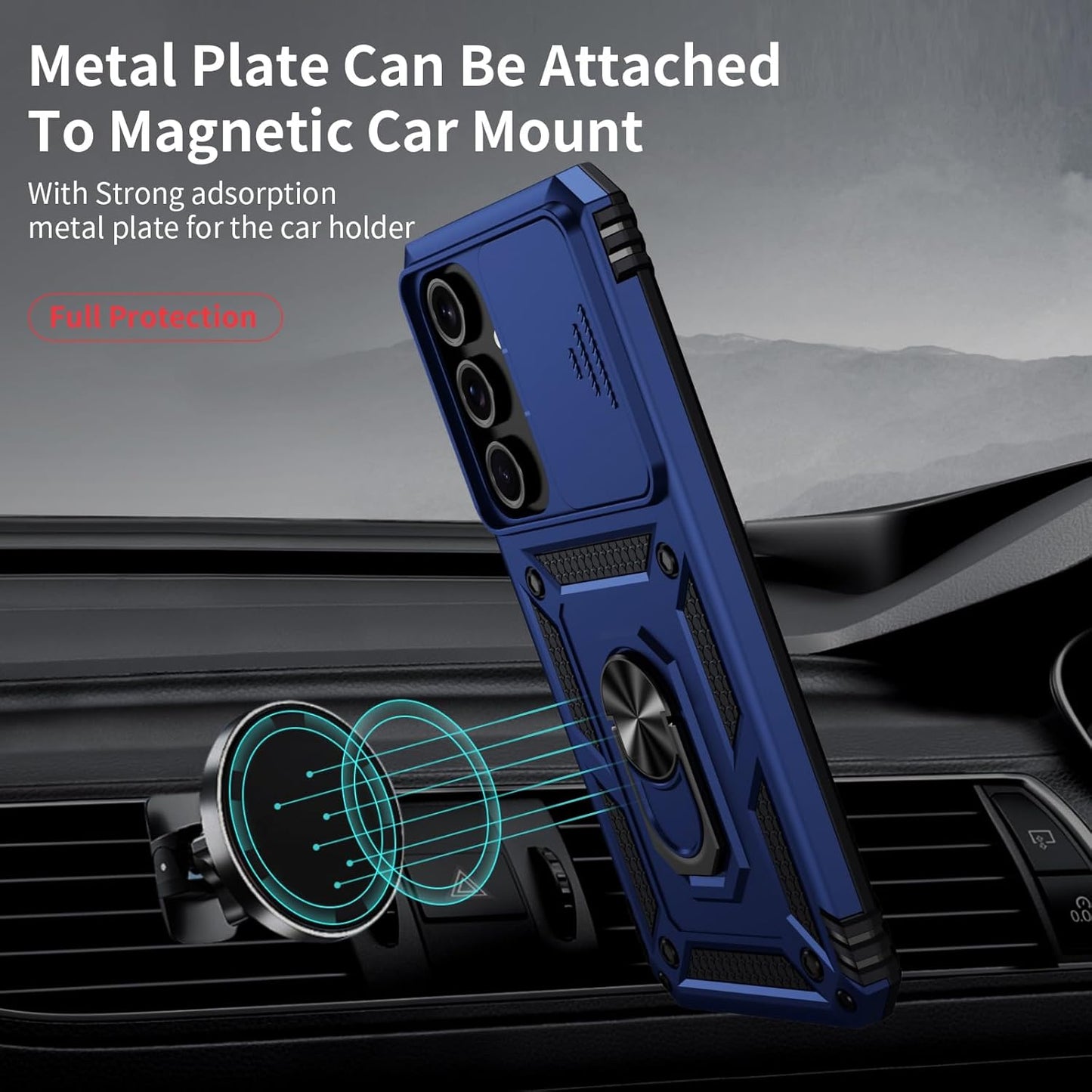 Weycolor for Samsung Galaxy S23 Plus Case with Camera Lens Cover, 10 FT Military Grade Drop Protection, Magnetic Ring Holder Kickstand Protective Phone Case, Navy Blue