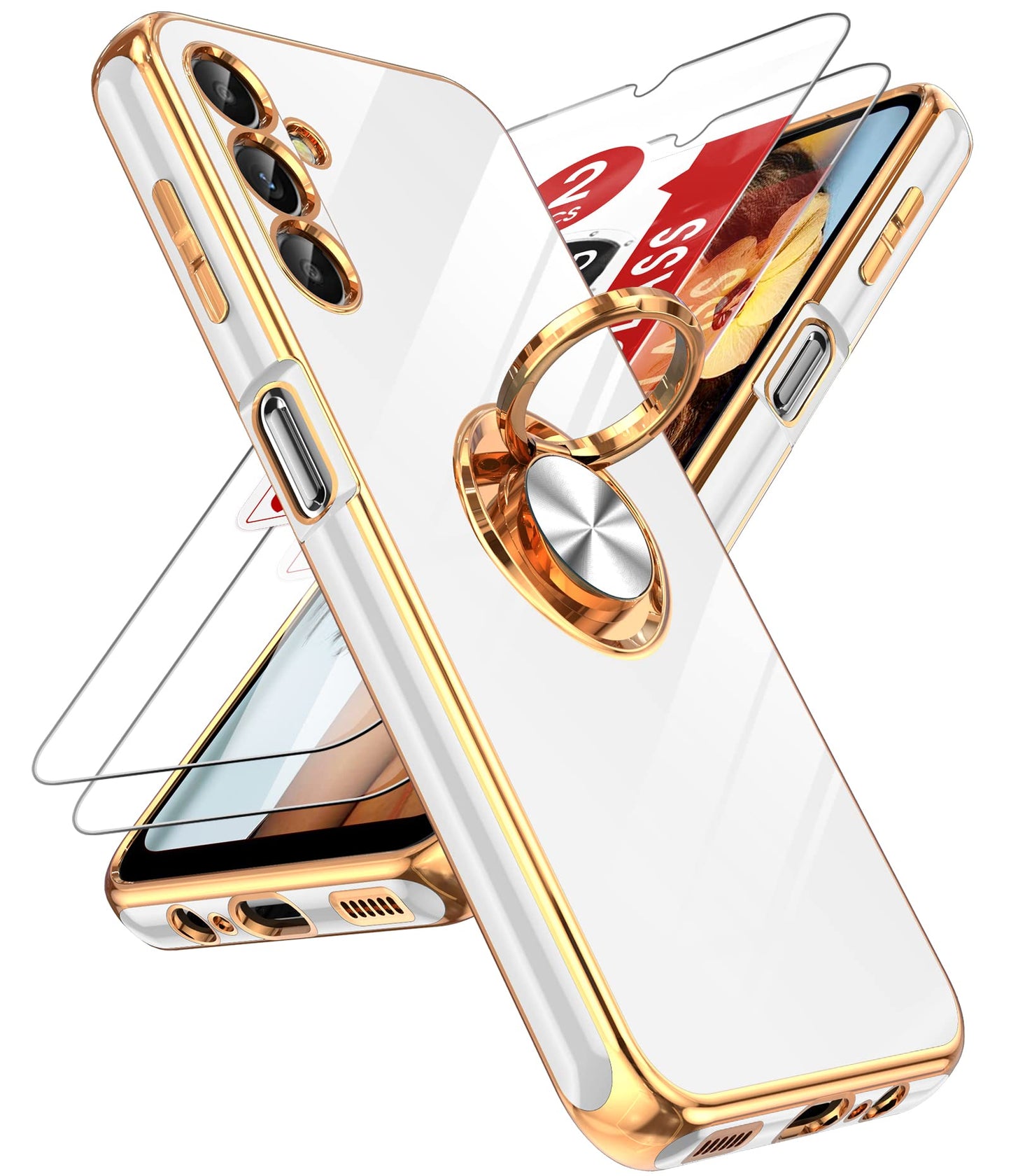 LeYi for Samsung Galaxy A13-5G Phone Case: Tempered Glass Screen Protector, 360° Rotatable Ring Holder Magnetic Kickstand, Plating Rose Gold Edge Protective Case, Black