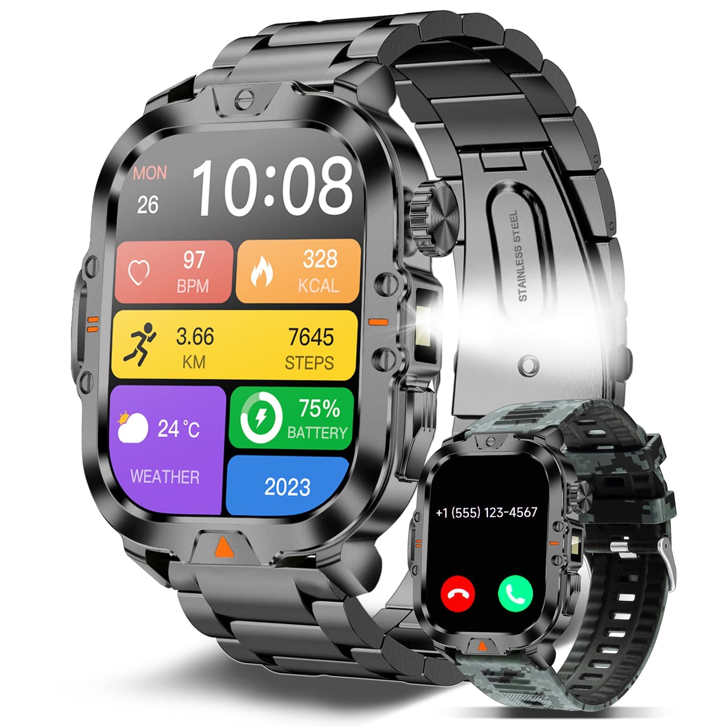 Smart Watch for Men Military Answer/Make Call 2.01″ Display 170+ Sports Modes Fitness Smart Watch IP68 Waterproof 30 Days Standby Smartwatch for Android iOS Black (2 Straps)
