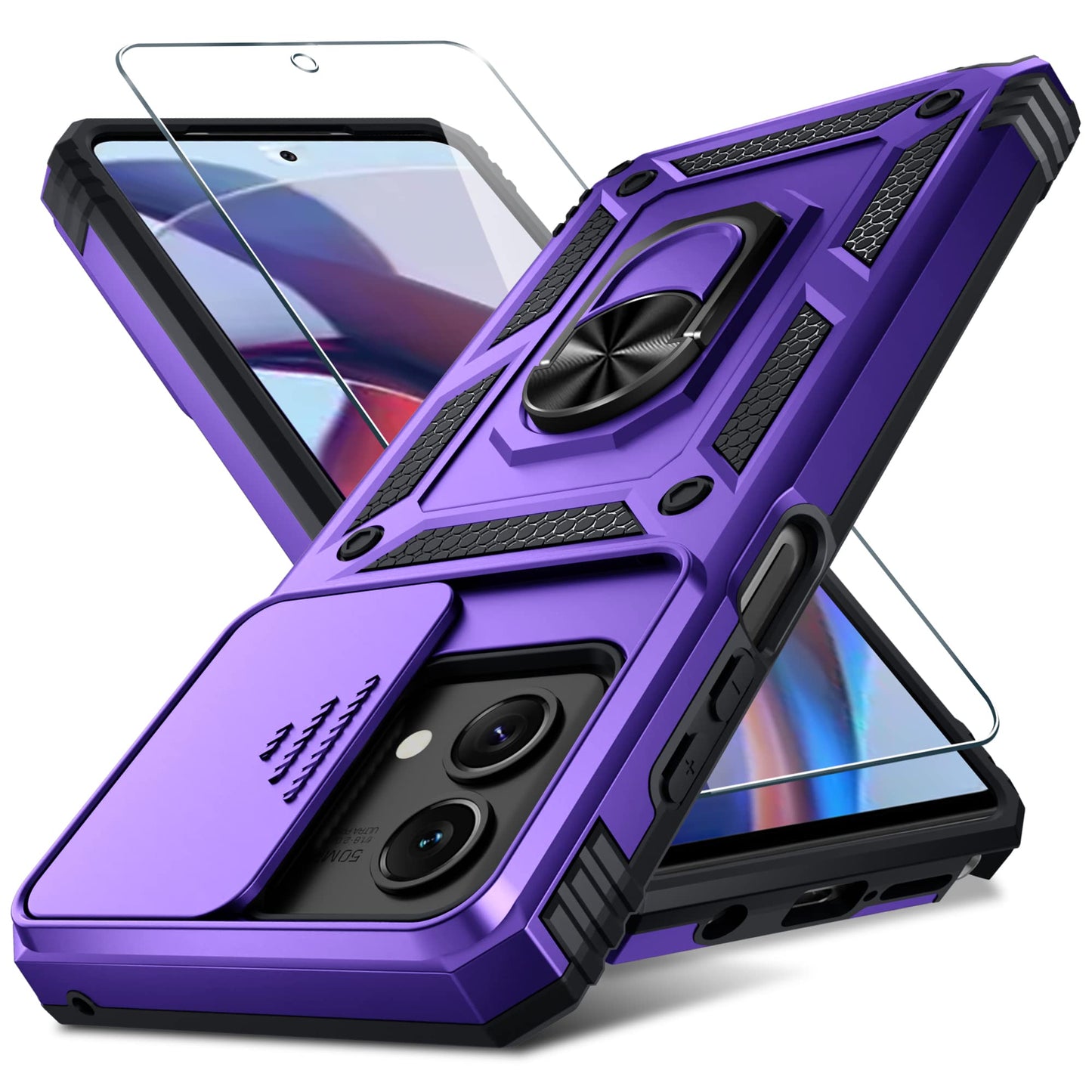 Janmitta Compatible with Moto G Stylus 5G 2024 Case Built in Slide Camera Lens Cover+Screen Protector+Finger Ring Holder Kickstand,Heavy Duty Shockproof Full Body Protective Phone Cover,Black