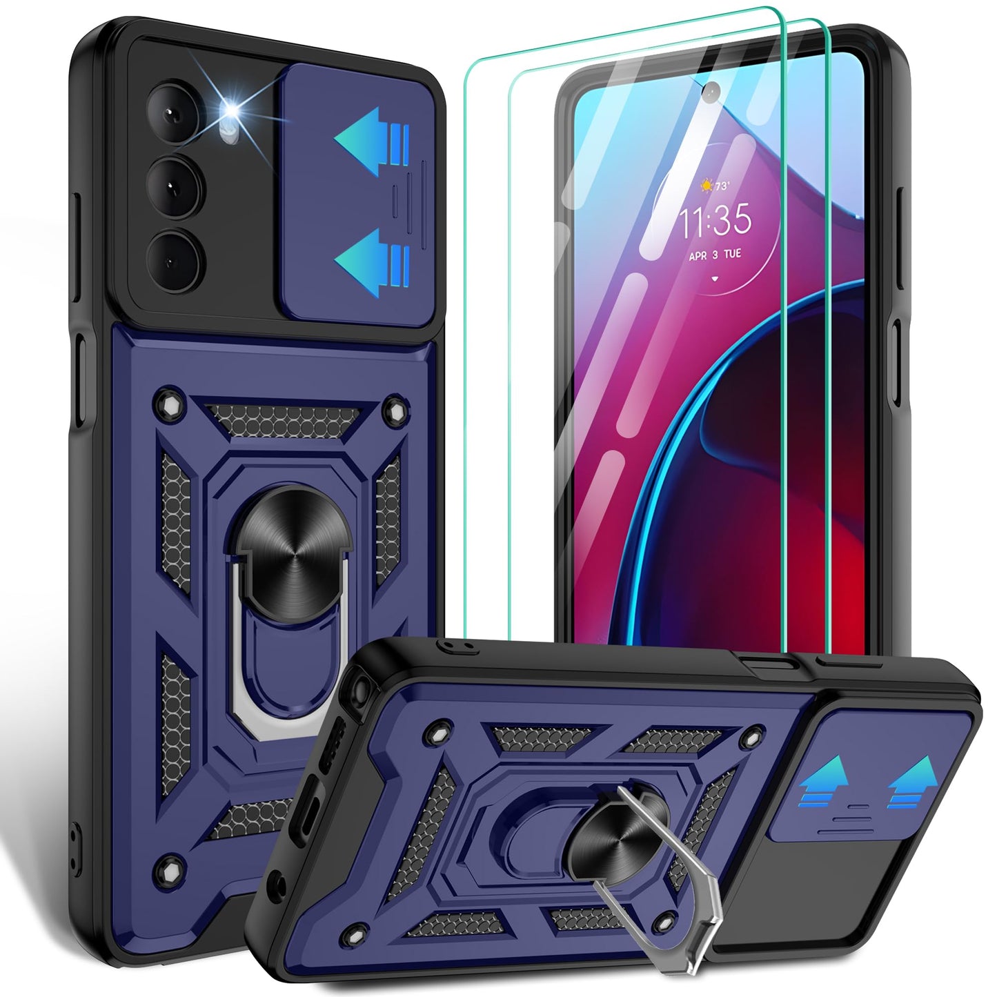 Gritup for Moto G Stylus 5G-2023 Case with Slide Camera Cover | 2-Pack HD Screen Protectors | 360° Rotating Metal Kickstand | MIL-Grade Shockproof Protection,Black