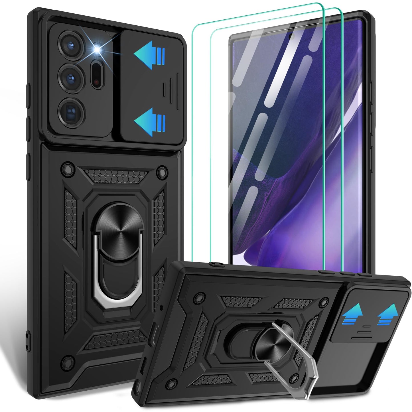 for Samsung Galaxy Note20 Case with Slide Camera Cover, Military-Grade Protection, 360 Rotating Kickstand, Includes 1 Pack HD Screen Protectors丨Black