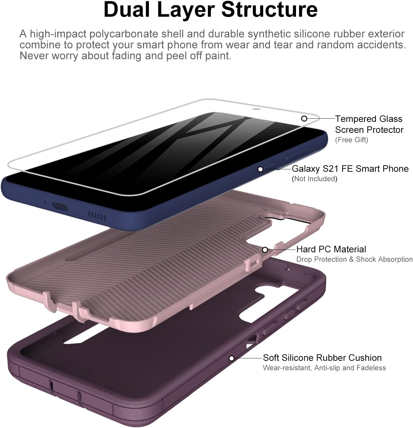 Dahkoiz for Samsung Galaxy S21 FE 5G Case, and Glass Screen Protector, Dust Proof Port Cover, Full Body Protection Durable Rubber Cover Phone Case, Purple