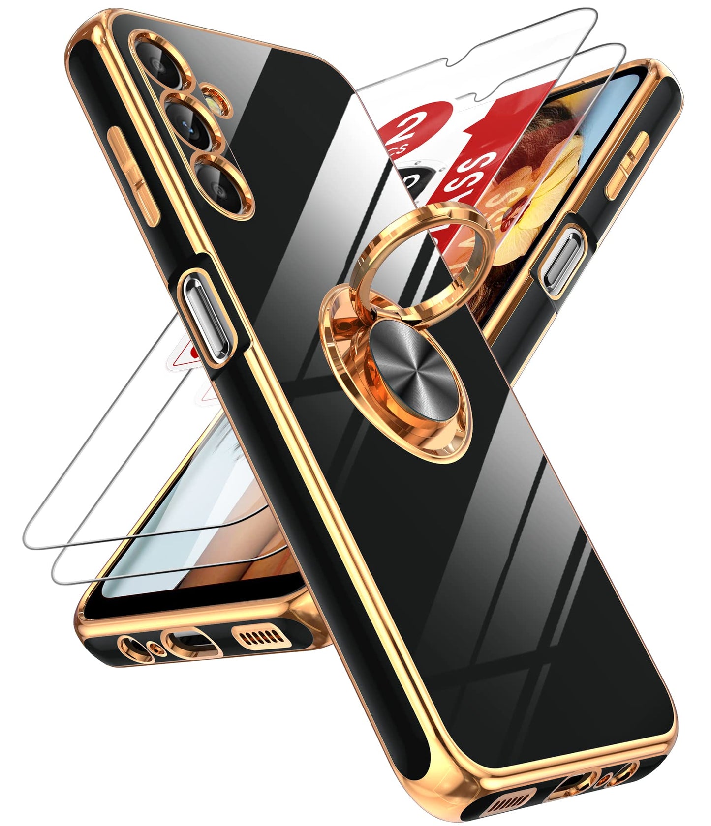 LeYi for Samsung Galaxy A13-5G Phone Case: Tempered Glass Screen Protector, 360° Rotatable Ring Holder Magnetic Kickstand, Plating Rose Gold Edge Protective Case, Black