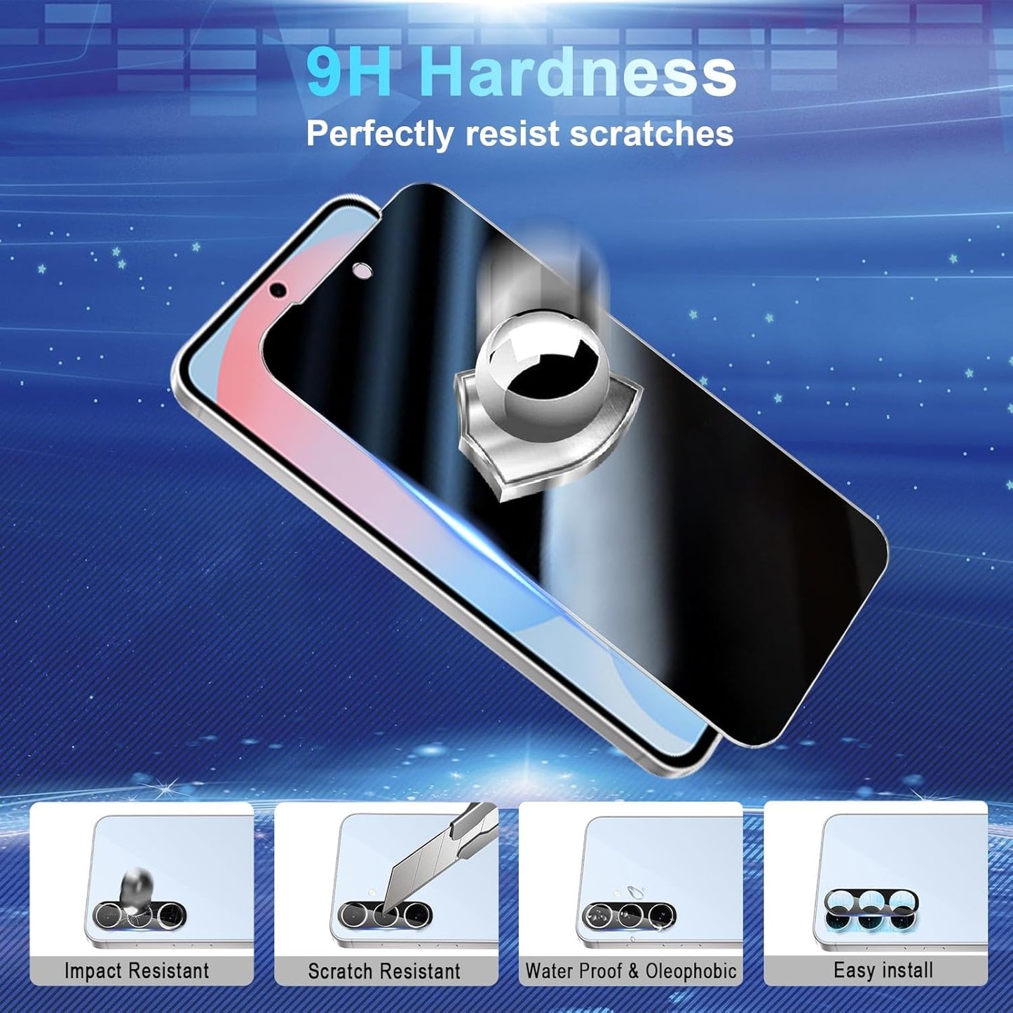 2+2 Pack Privacy Screen Protector Compatible with Galaxy S24 FE 5G - 2 Tempered Film + 2 Camera Lens Glass - High Clarity - Bubble Free - Anti-Spy Protection - Anti-Shatter