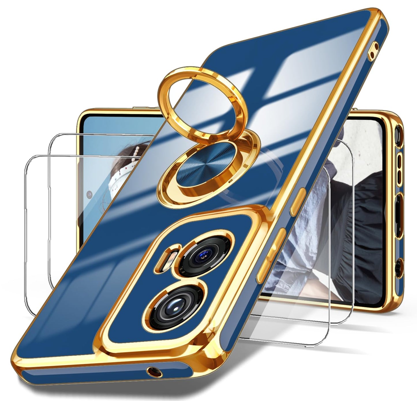 Dretal for Moto G Stylus 5G 2024 Case, 2X Screen Protector, 360° Rotatable Ring Holder Magnetic Kickstand,Plated Gold Edge Slim Soft TPU Protective Cover for Motorola G Stylus 5G (Purple)
