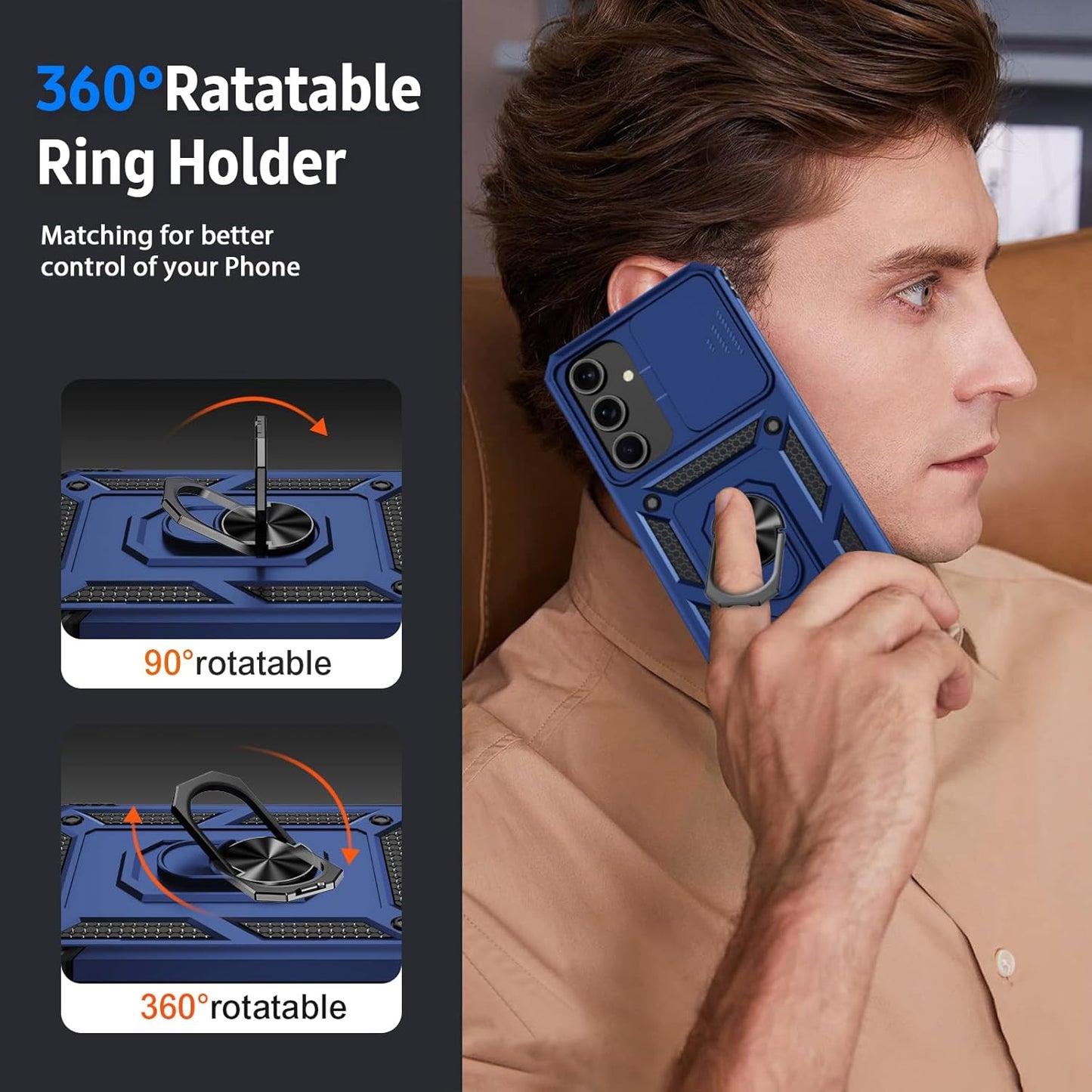 Weycolor for Samsung Galaxy S23 Plus Case with Camera Lens Cover, 10 FT Military Grade Drop Protection, Magnetic Ring Holder Kickstand Protective Phone Case, Navy Blue