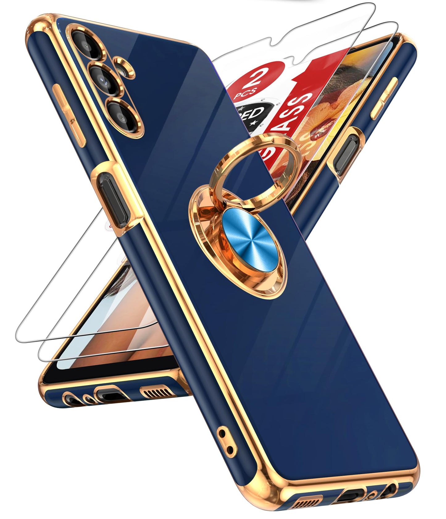 LeYi for Samsung Galaxy A13-5G Phone Case: Tempered Glass Screen Protector, 360° Rotatable Ring Holder Magnetic Kickstand, Plating Rose Gold Edge Protective Case, Black