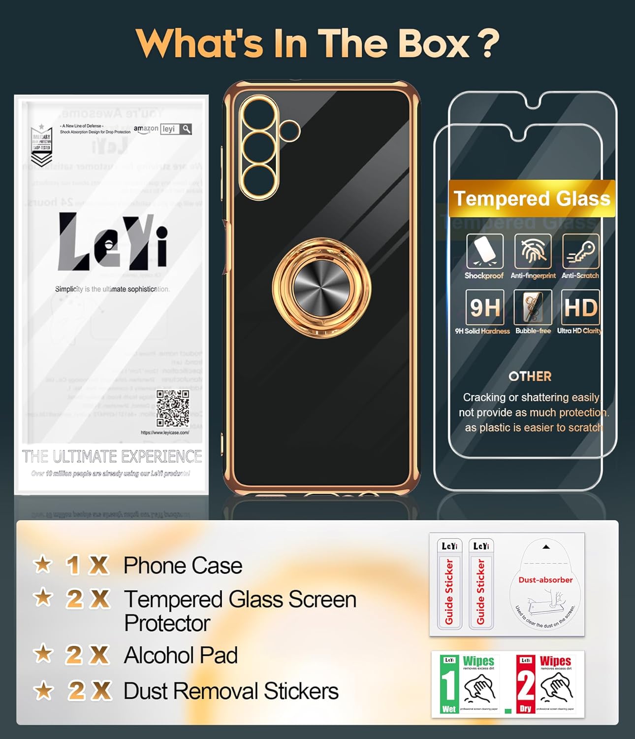 LeYi for Samsung Galaxy A13-5G Phone Case: Tempered Glass Screen Protector, 360° Rotatable Ring Holder Magnetic Kickstand, Plating Rose Gold Edge Protective Case, Black