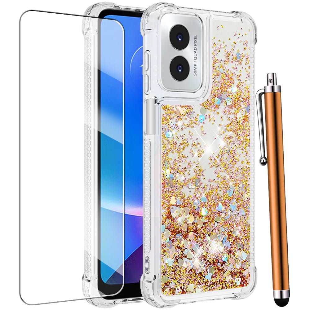 for Moto G Play 2024 Case with Screen Protector, Cute Women Girls Glitter Bling Liquid Floating Phone Case Slim TPU Soft Silicone Shockproof Girly Cover for Motorola G Play 2024 -Pink Purple