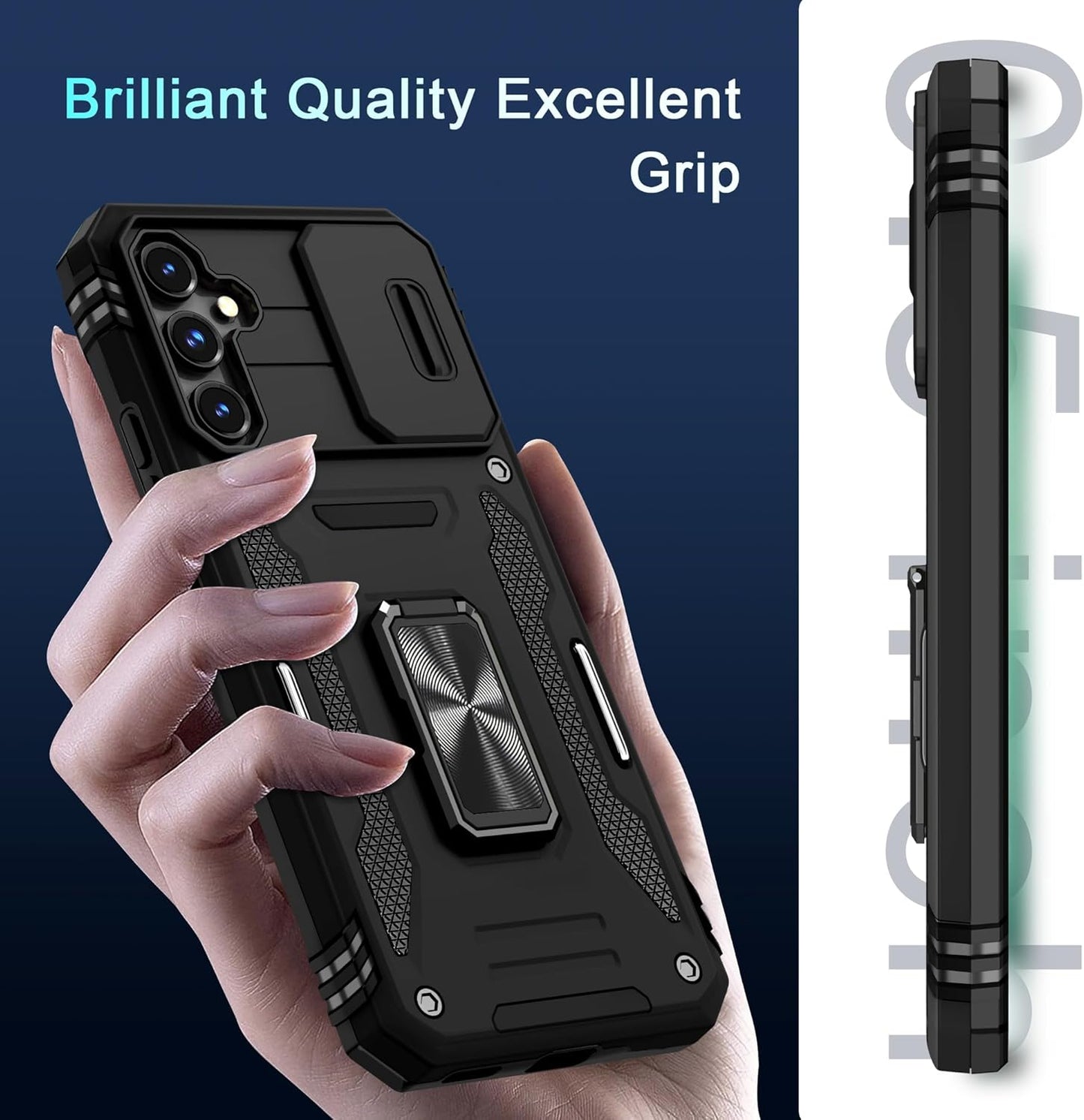 DEERLAMN Case for Samsung Galaxy S23 FE 6.4-Inch with Slide Camera Cover+Screen Protector(1 Pack),Rotated Ring Kickstand Military Grade Shockproof Protective Cover-Black