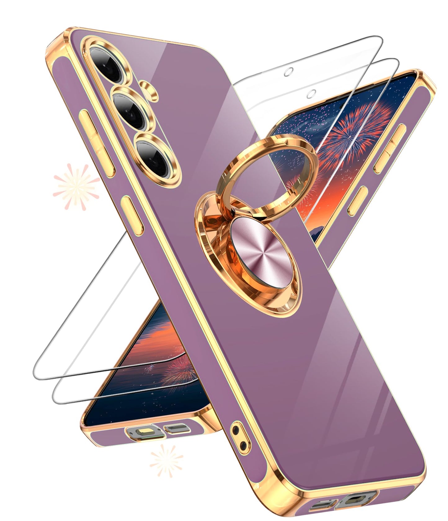 LeYi for Samsung Galaxy S24-FE Case: with 2 Pack Tempered Glass Screen Protector and 360° Rotatable Ring Holder Magnetic Kickstand, Plating Rose Gold Edge Funda para Galaxy S24FE 5G Case, Black