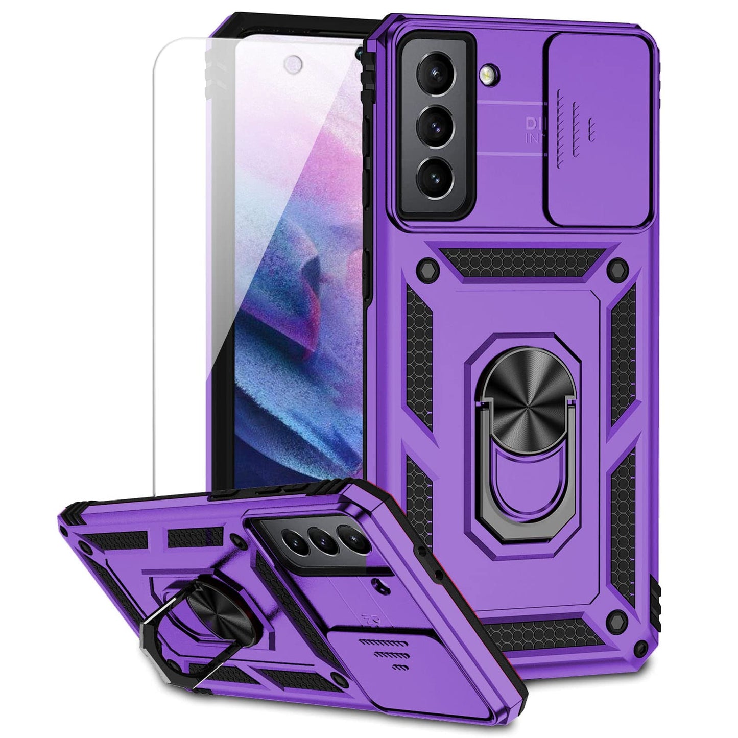 for Samsung Galaxy S21 FE 5G Case with Camera Lens Cover HD Screen Protector, Military-Grade Drop Tested Magnetic Ring Holder Kickstand Protective Phone Case for Samsung Galaxy S21 FE 5G (Navy Blue)