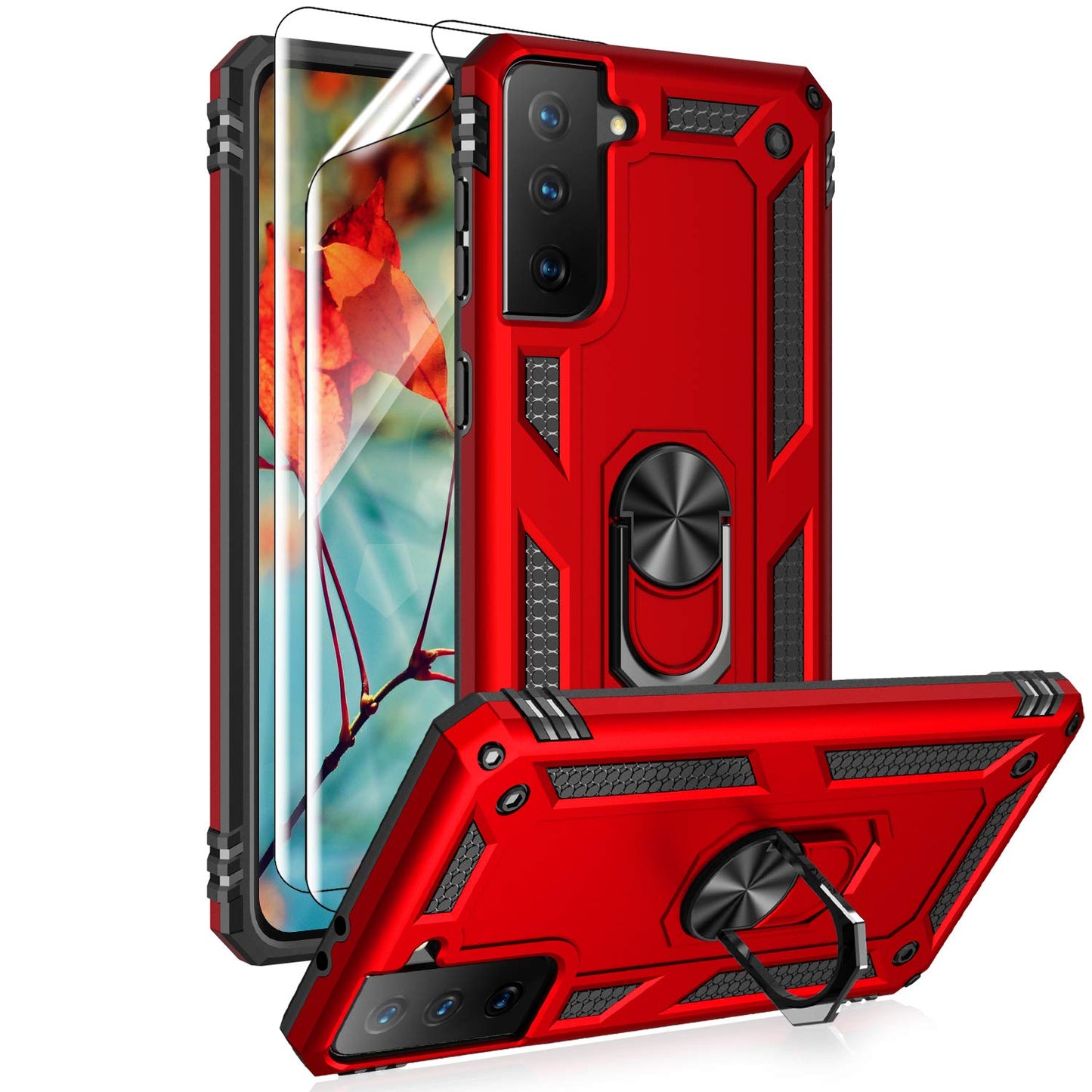 Androgate Case Cover Case for Samsung Galaxy S21 5G Black | with HD Screen Protectors, Military-Grade, Metal Ring Holder, Kickstand, 15ft Drop Tested, Shockproof