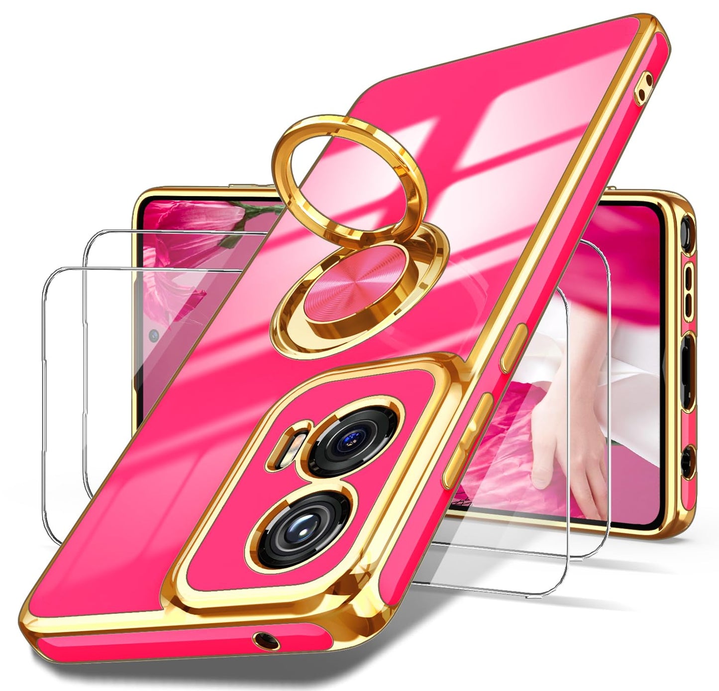 Dretal for Moto G Stylus 5G 2024 Case, 2X Screen Protector, 360° Rotatable Ring Holder Magnetic Kickstand,Plated Gold Edge Slim Soft TPU Protective Cover for Motorola G Stylus 5G (Purple)