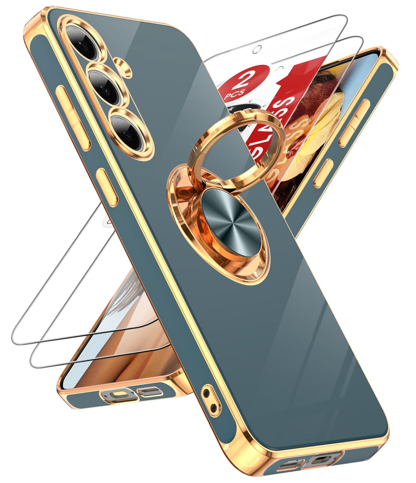 LeYi for Samsung Galaxy S24-FE Case: with 2 Pack Tempered Glass Screen Protector and 360° Rotatable Ring Holder Magnetic Kickstand, Plating Rose Gold Edge Funda para Galaxy S24FE 5G Case, Black