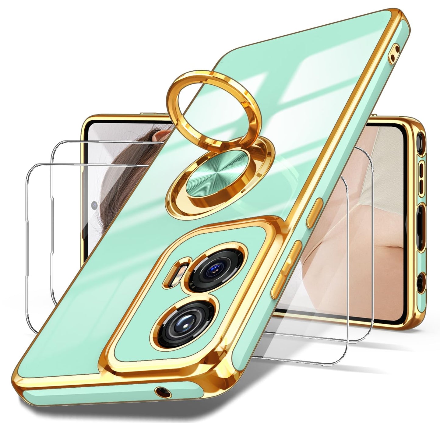 Dretal for Moto G Stylus 5G 2024 Case, 2X Screen Protector, 360° Rotatable Ring Holder Magnetic Kickstand,Plated Gold Edge Slim Soft TPU Protective Cover for Motorola G Stylus 5G (Purple)
