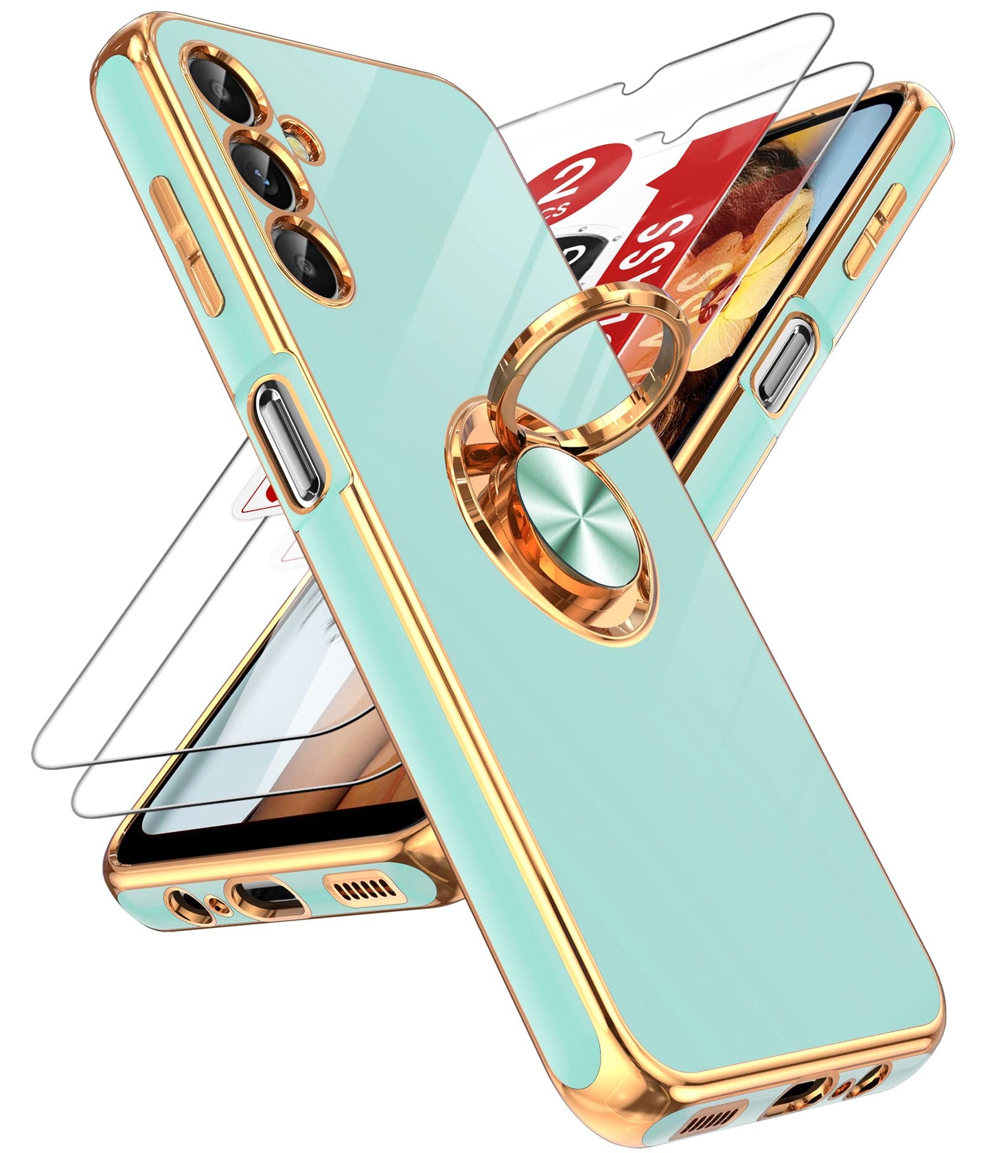 LeYi for Samsung Galaxy A13-5G Phone Case: Tempered Glass Screen Protector, 360° Rotatable Ring Holder Magnetic Kickstand, Plating Rose Gold Edge Protective Case, Black