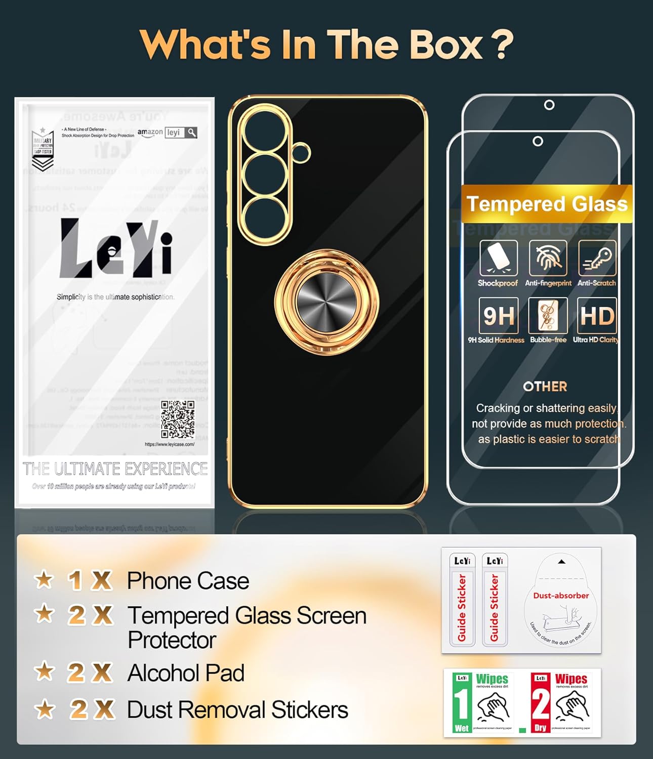 LeYi for Samsung Galaxy S24-FE Case: with 2 Pack Tempered Glass Screen Protector and 360° Rotatable Ring Holder Magnetic Kickstand, Plating Rose Gold Edge Funda para Galaxy S24FE 5G Case, Black