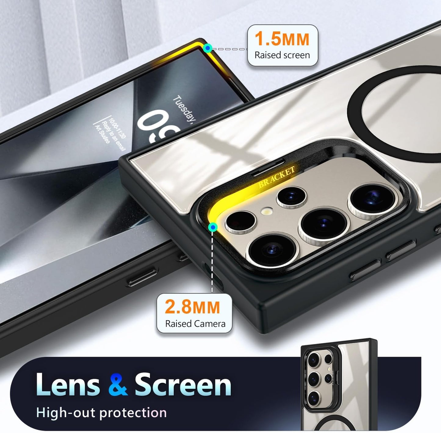 YZB Case Designed for Samsung Galaxy S24 Ultra Crystal Clear Back Cover Black | Magnetic Compatible with MagSafe, Built-in Stand, Camera Lens Protector, Anti-Yellowing, Scratch-Resistant