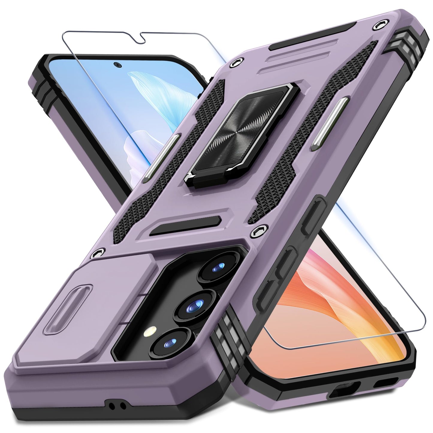 DEERLAMN Case for Samsung Galaxy S23 FE 6.4-Inch with Slide Camera Cover+Screen Protector(1 Pack),Rotated Ring Kickstand Military Grade Shockproof Protective Cover-Black