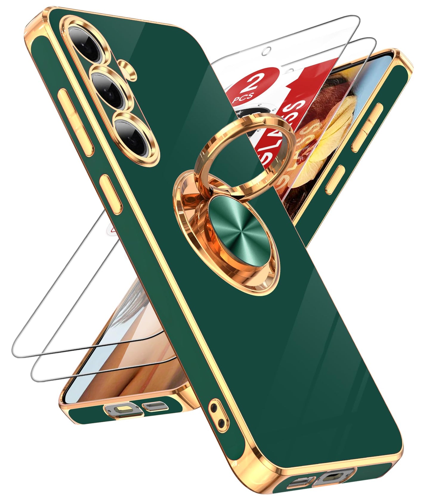 LeYi for Samsung Galaxy S24-FE Case: with 2 Pack Tempered Glass Screen Protector and 360° Rotatable Ring Holder Magnetic Kickstand, Plating Rose Gold Edge Funda para Galaxy S24FE 5G Case, Black