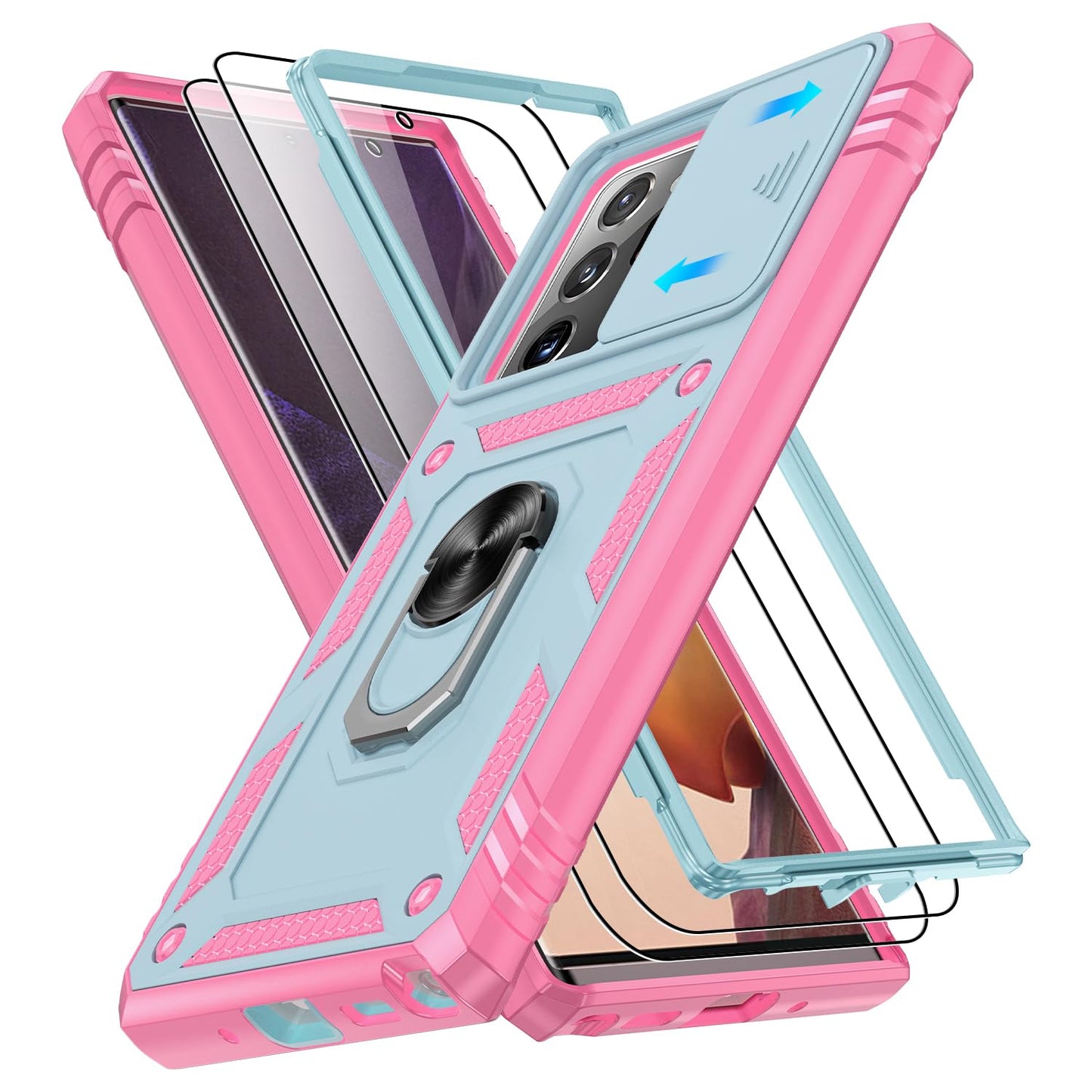 for Samsung Galaxy Note 20 Ultra Case with Screen Protector*2, Note 20 Ultra Phone Case Build in 360° Rotating Ring Kickstand, Military Grade Protective Cover for Note 20 Ultra Phone Black