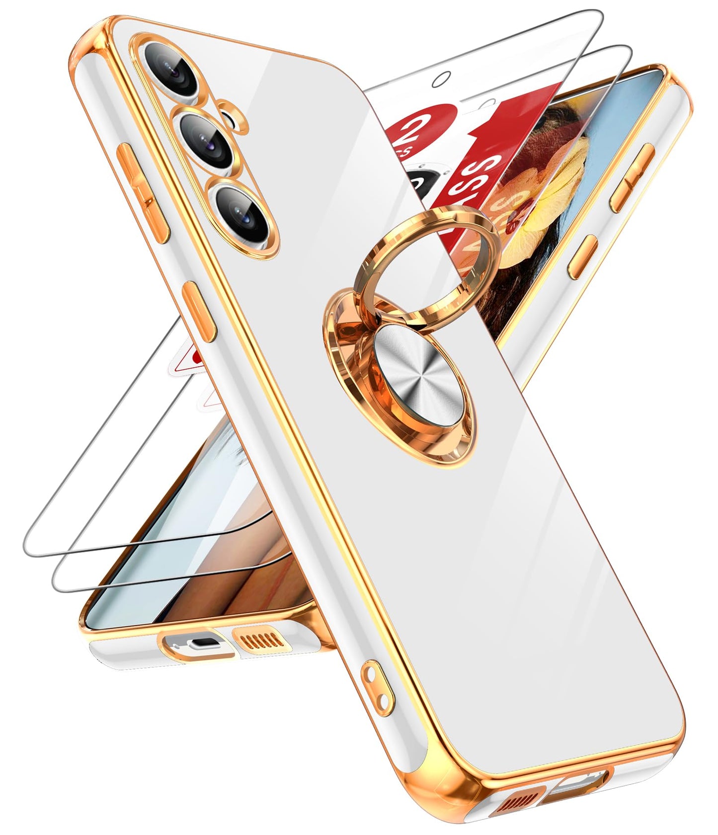 LeYi for Samsung Galaxy S24-FE Case: with 2 Pack Tempered Glass Screen Protector and 360° Rotatable Ring Holder Magnetic Kickstand, Plating Rose Gold Edge Funda para Galaxy S24FE 5G Case, Black