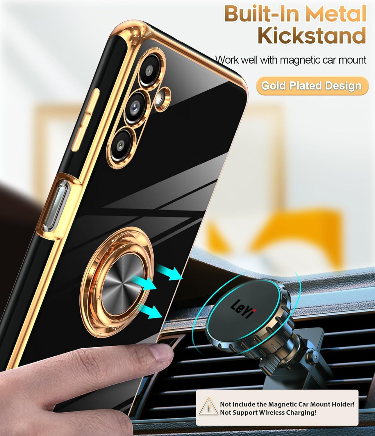 LeYi for Samsung Galaxy A13-5G Phone Case: Tempered Glass Screen Protector, 360° Rotatable Ring Holder Magnetic Kickstand, Plating Rose Gold Edge Protective Case, Black