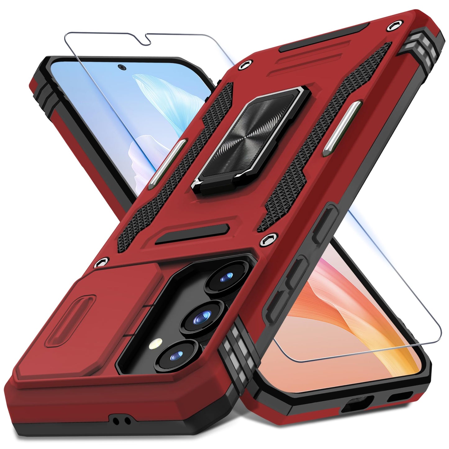DEERLAMN Case for Samsung Galaxy S23 FE 6.4-Inch with Slide Camera Cover+Screen Protector(1 Pack),Rotated Ring Kickstand Military Grade Shockproof Protective Cover-Black