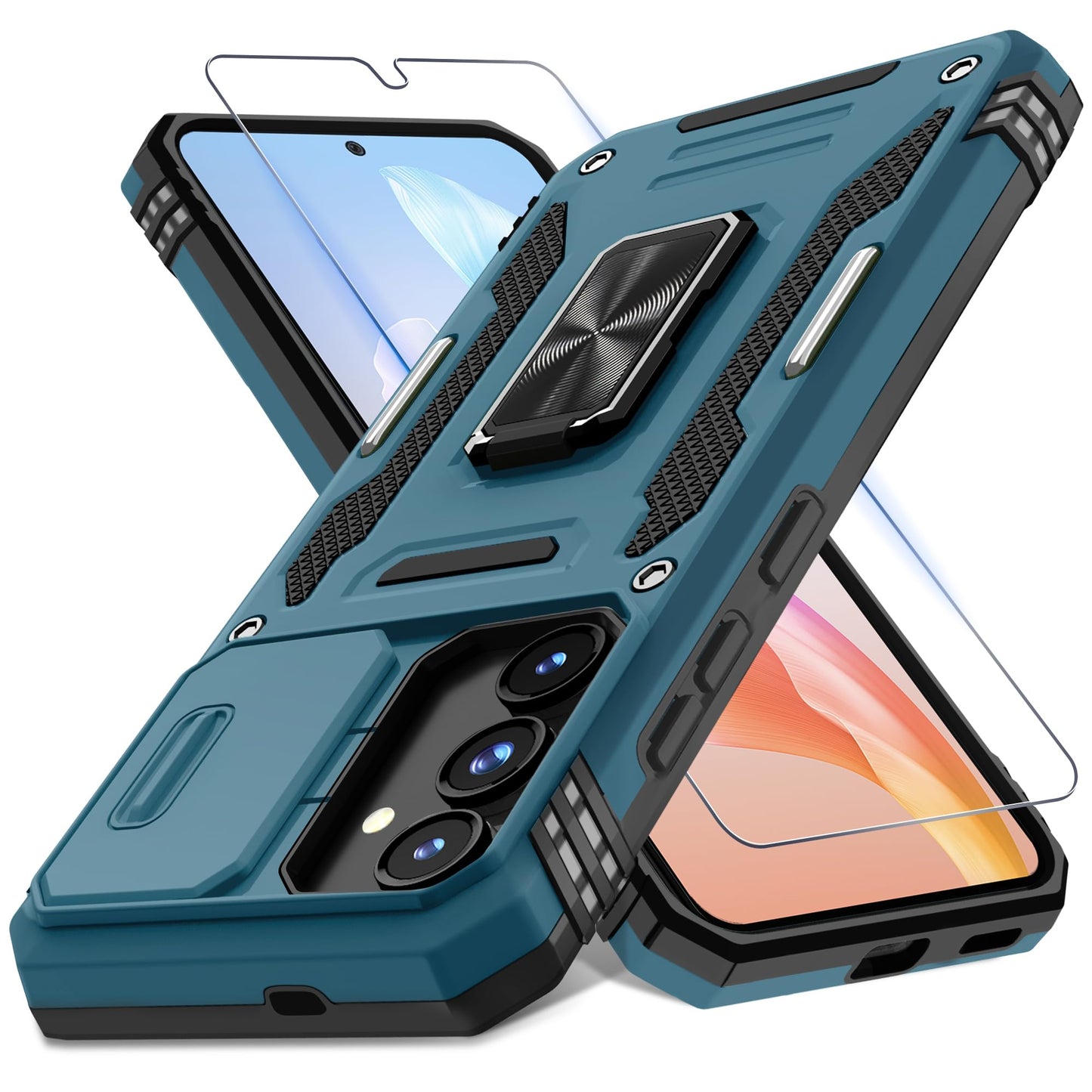 DEERLAMN Case for Samsung Galaxy S23 FE 6.4-Inch with Slide Camera Cover+Screen Protector(1 Pack),Rotated Ring Kickstand Military Grade Shockproof Protective Cover-Black