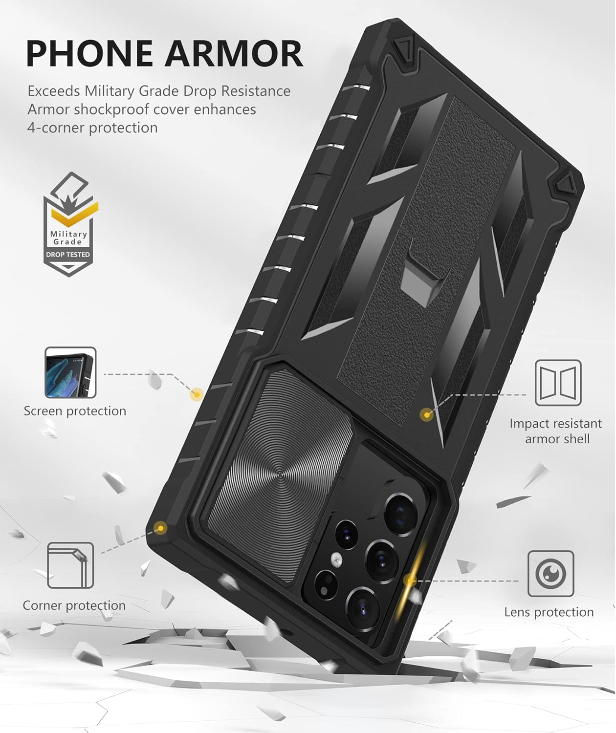 Case for Samsung Galaxy S22 Ultra 5G: Military Grade Drop Proof Rugged Protective Phone Cover with Built-in Kickstand & Slide |Shockproof Bumper Protection Textured Matte 6.8 Inch-Black