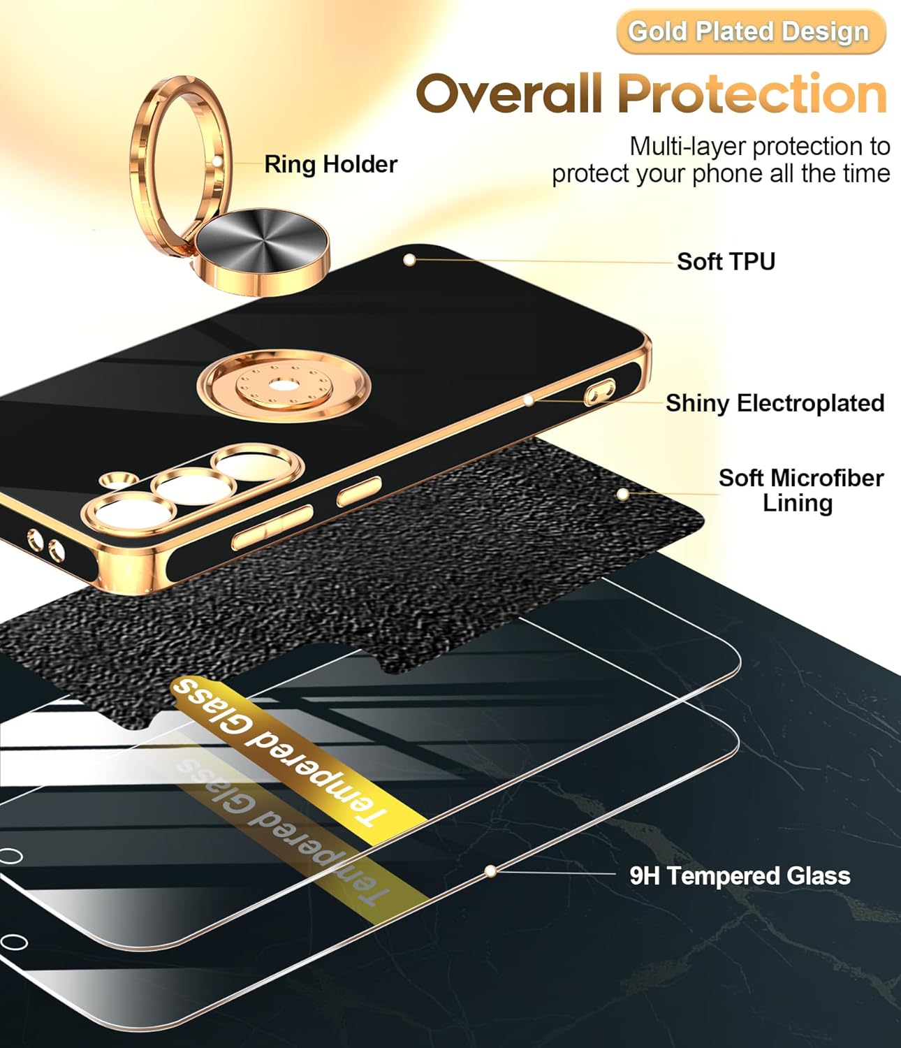 LeYi for Samsung Galaxy S24-FE Case: with 2 Pack Tempered Glass Screen Protector and 360° Rotatable Ring Holder Magnetic Kickstand, Plating Rose Gold Edge Funda para Galaxy S24FE 5G Case, Black