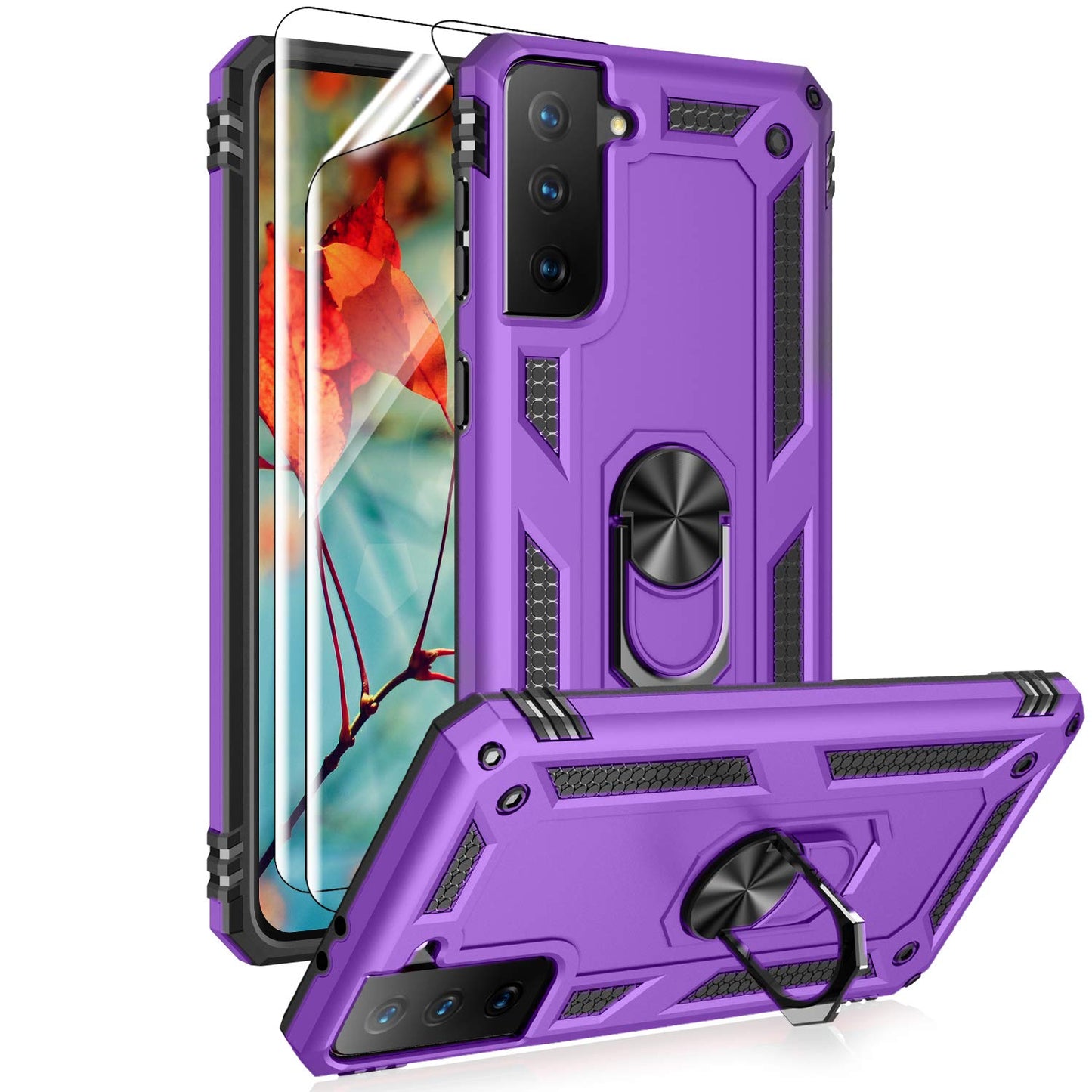 Androgate Case Cover Case for Samsung Galaxy S21 5G Black | with HD Screen Protectors, Military-Grade, Metal Ring Holder, Kickstand, 15ft Drop Tested, Shockproof