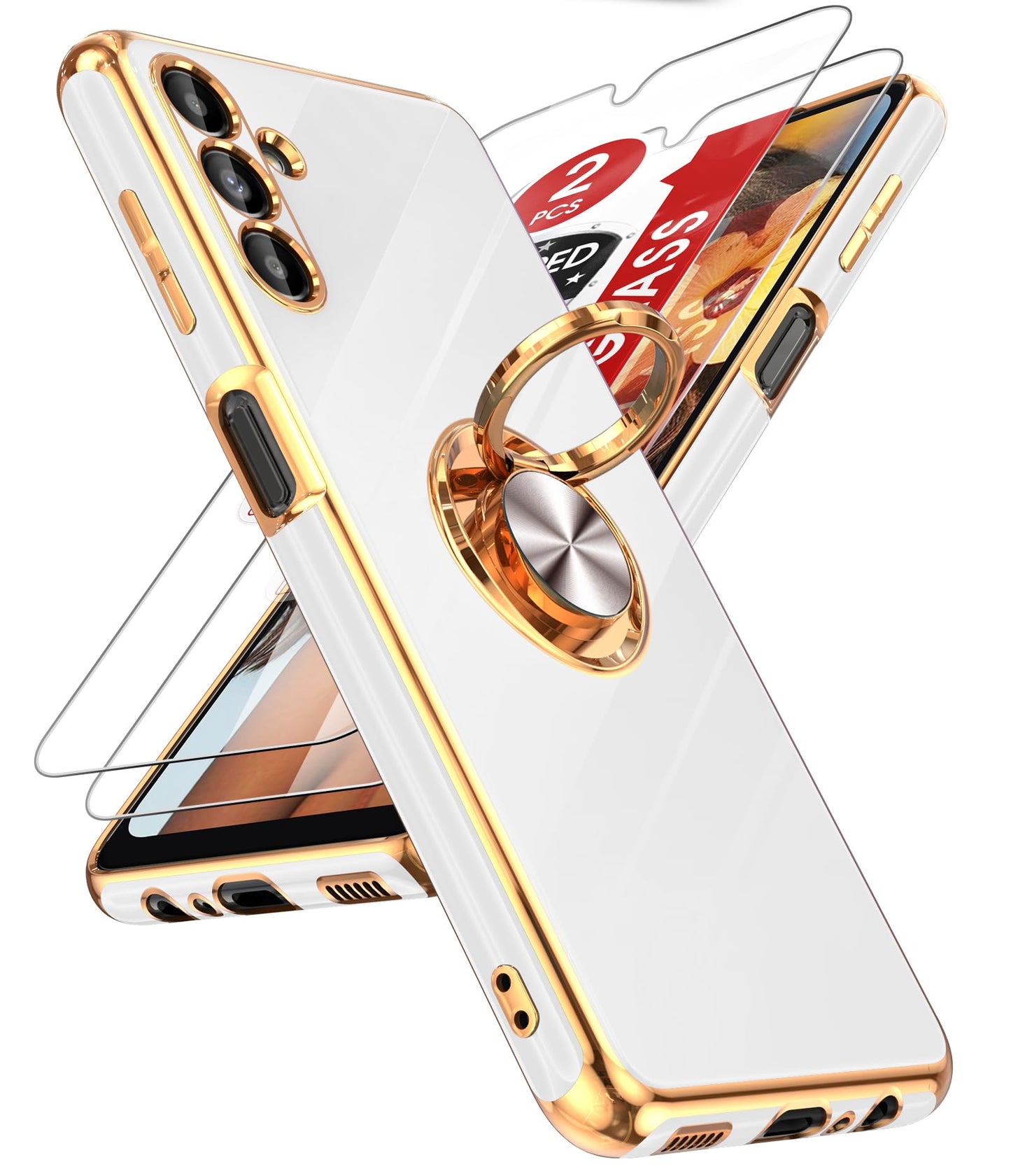 LeYi for Samsung Galaxy A13-5G Phone Case: Tempered Glass Screen Protector, 360° Rotatable Ring Holder Magnetic Kickstand, Plating Rose Gold Edge Protective Case, Black