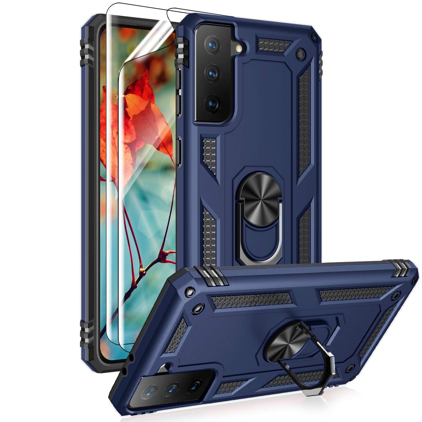 Androgate Case Cover Case for Samsung Galaxy S21 5G Black | with HD Screen Protectors, Military-Grade, Metal Ring Holder, Kickstand, 15ft Drop Tested, Shockproof
