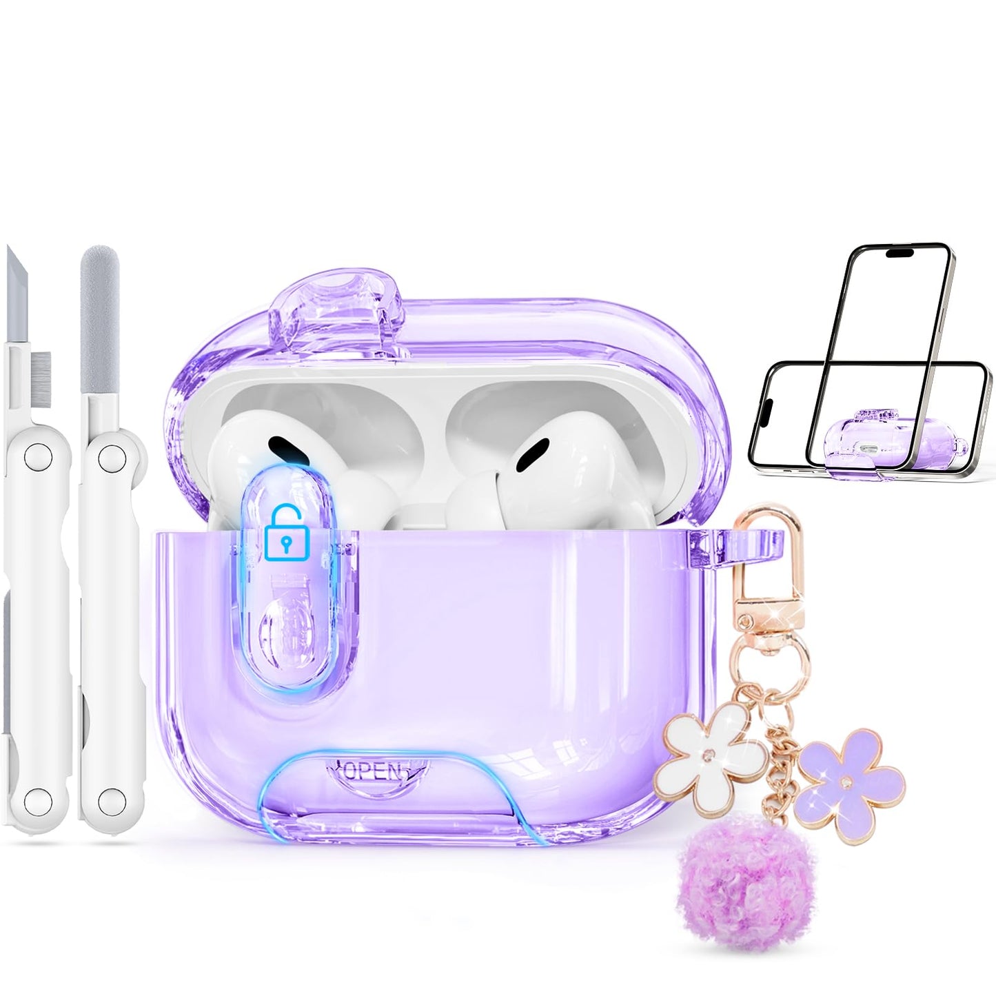 with Safety Lock for AirPods Pro 3 Case 2025,Clear Cases with Phone Stand & Cleaning Kit,Soft TPU Cover for Airpods Pro 3rd Generation Case,Cute Bling Keychain for Women Girls-Glitter Pink