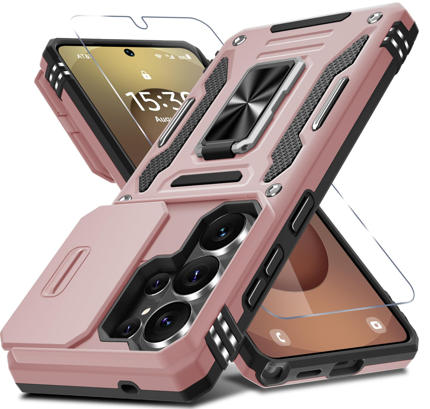 DEERLAMN Case for Samsung Galaxy A17 5G with Slide Camera Cover+Screen Protector (1 Pack), Rotated Ring Kickstand Military Grade Shockproof Protective Cover-Navy Blue