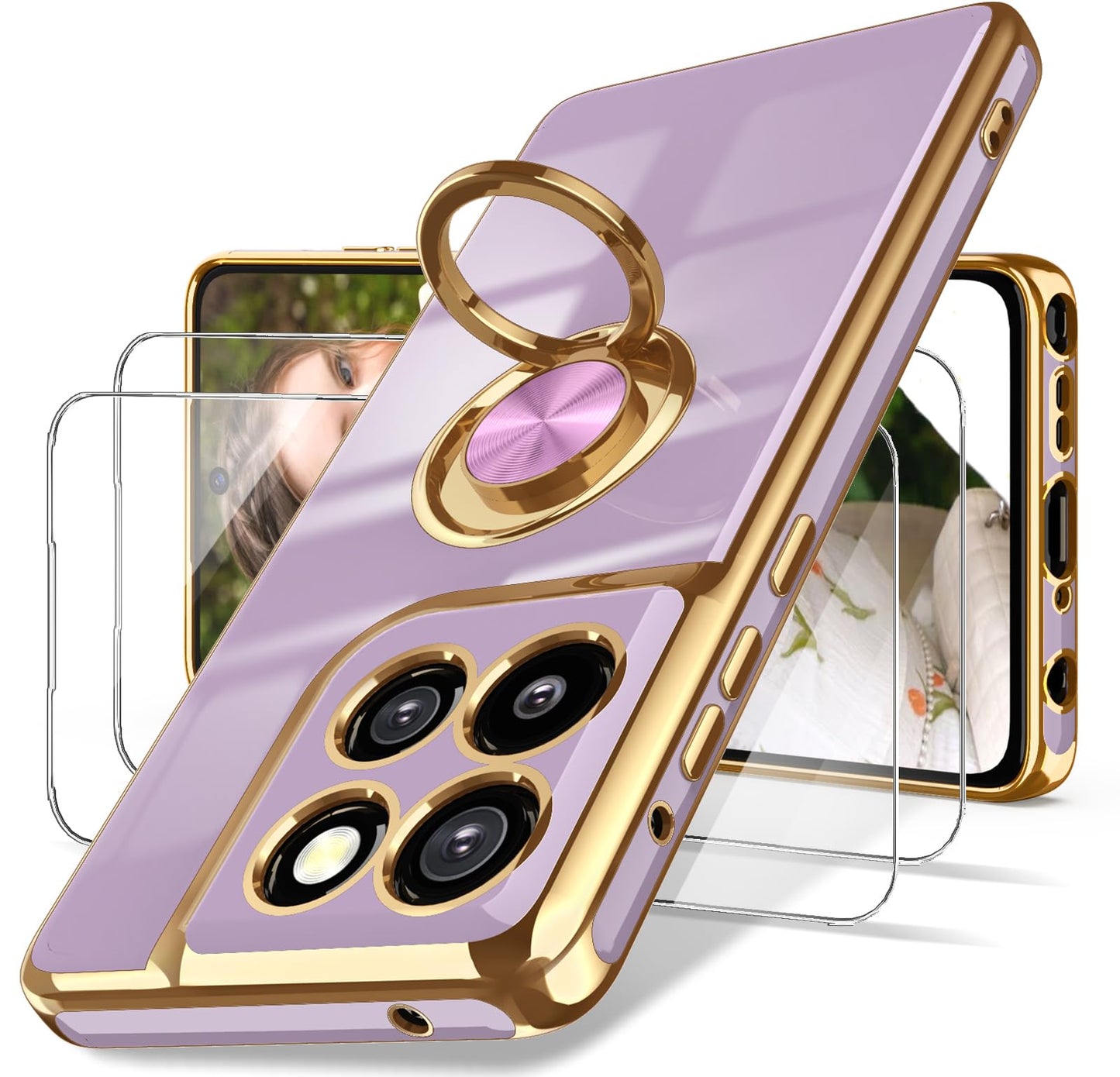 Dretal for Moto G Stylus 5G 2024 Case, 2X Screen Protector, 360° Rotatable Ring Holder Magnetic Kickstand,Plated Gold Edge Slim Soft TPU Protective Cover for Motorola G Stylus 5G (Purple)