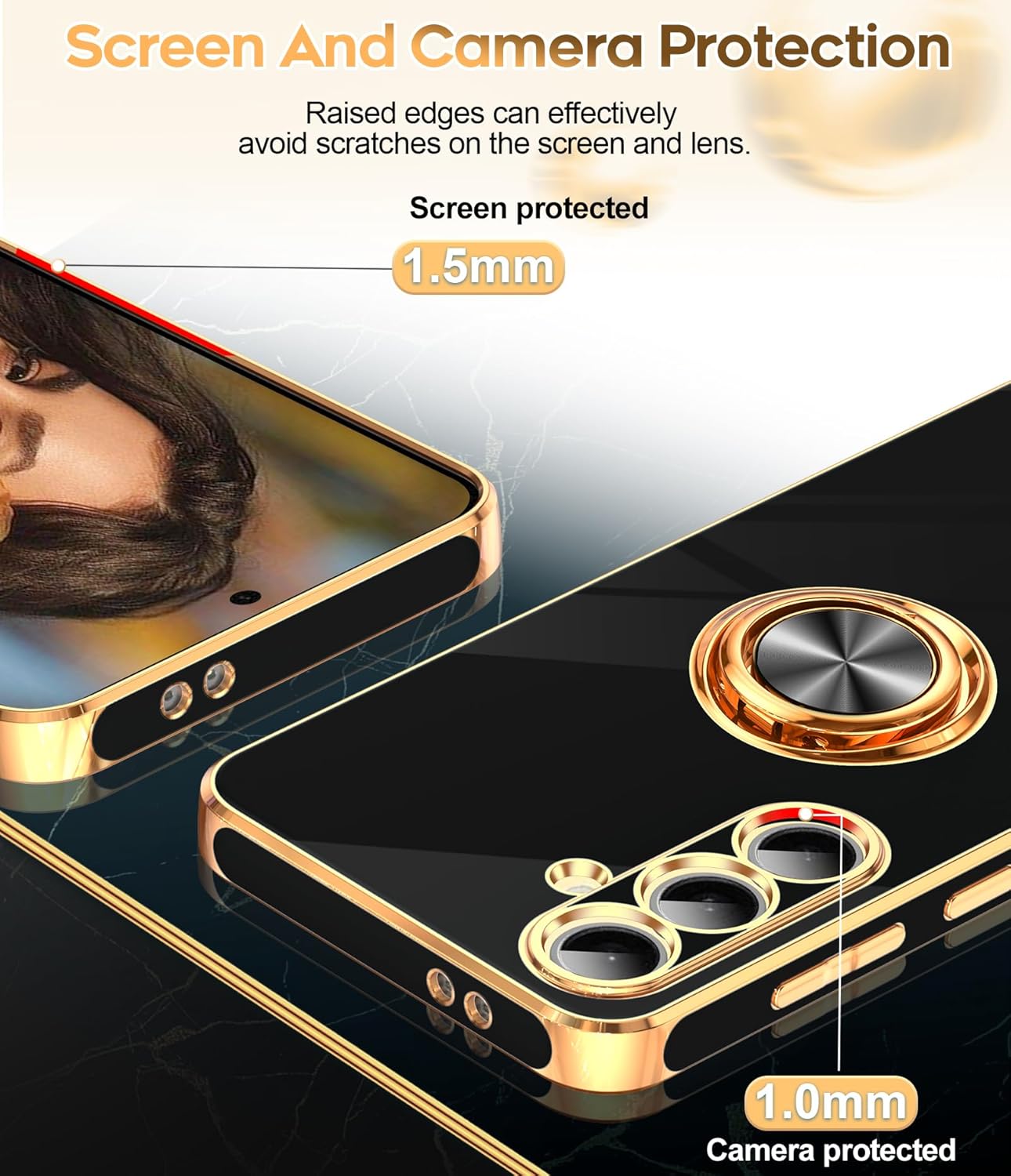 LeYi for Samsung Galaxy S24-FE Case: with 2 Pack Tempered Glass Screen Protector and 360° Rotatable Ring Holder Magnetic Kickstand, Plating Rose Gold Edge Funda para Galaxy S24FE 5G Case, Black
