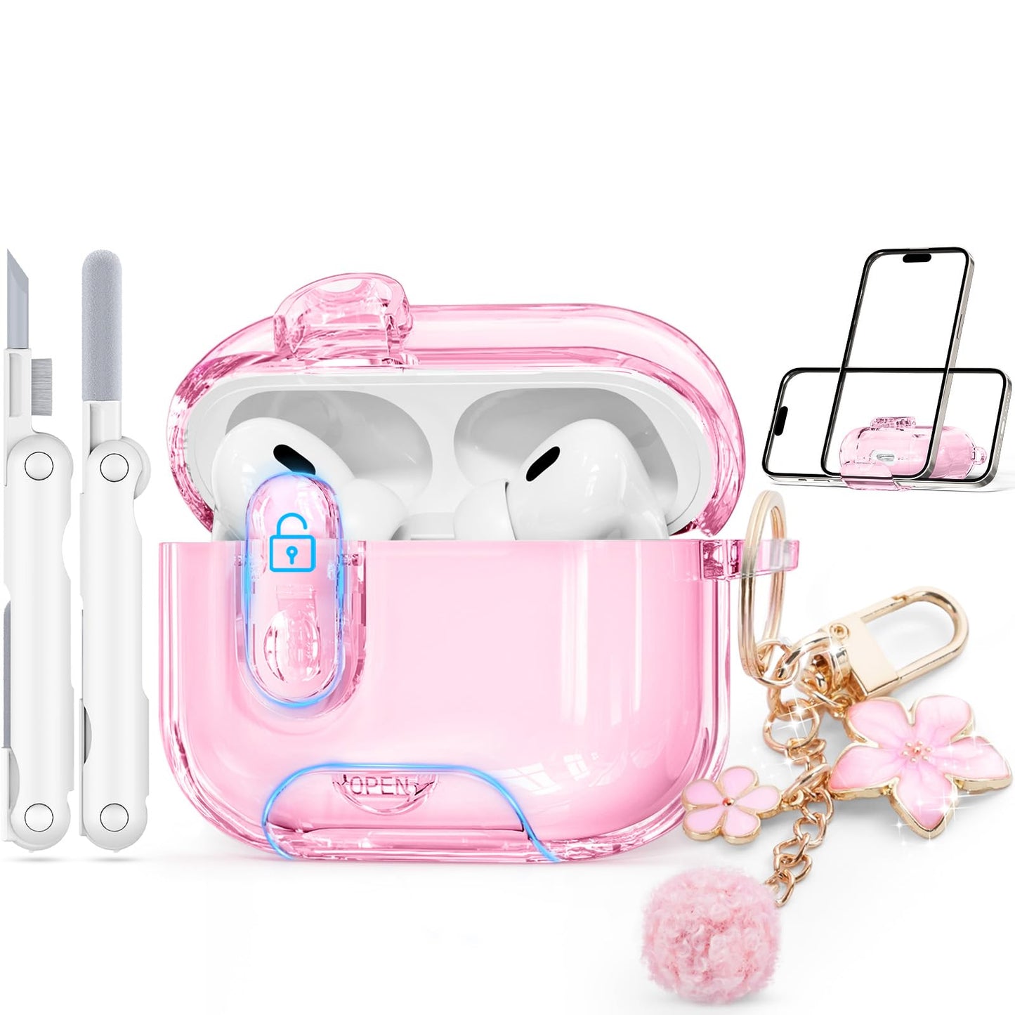 with Safety Lock for AirPods Pro 3 Case 2025,Clear Cases with Phone Stand & Cleaning Kit,Soft TPU Cover for Airpods Pro 3rd Generation Case,Cute Bling Keychain for Women Girls-Glitter Pink
