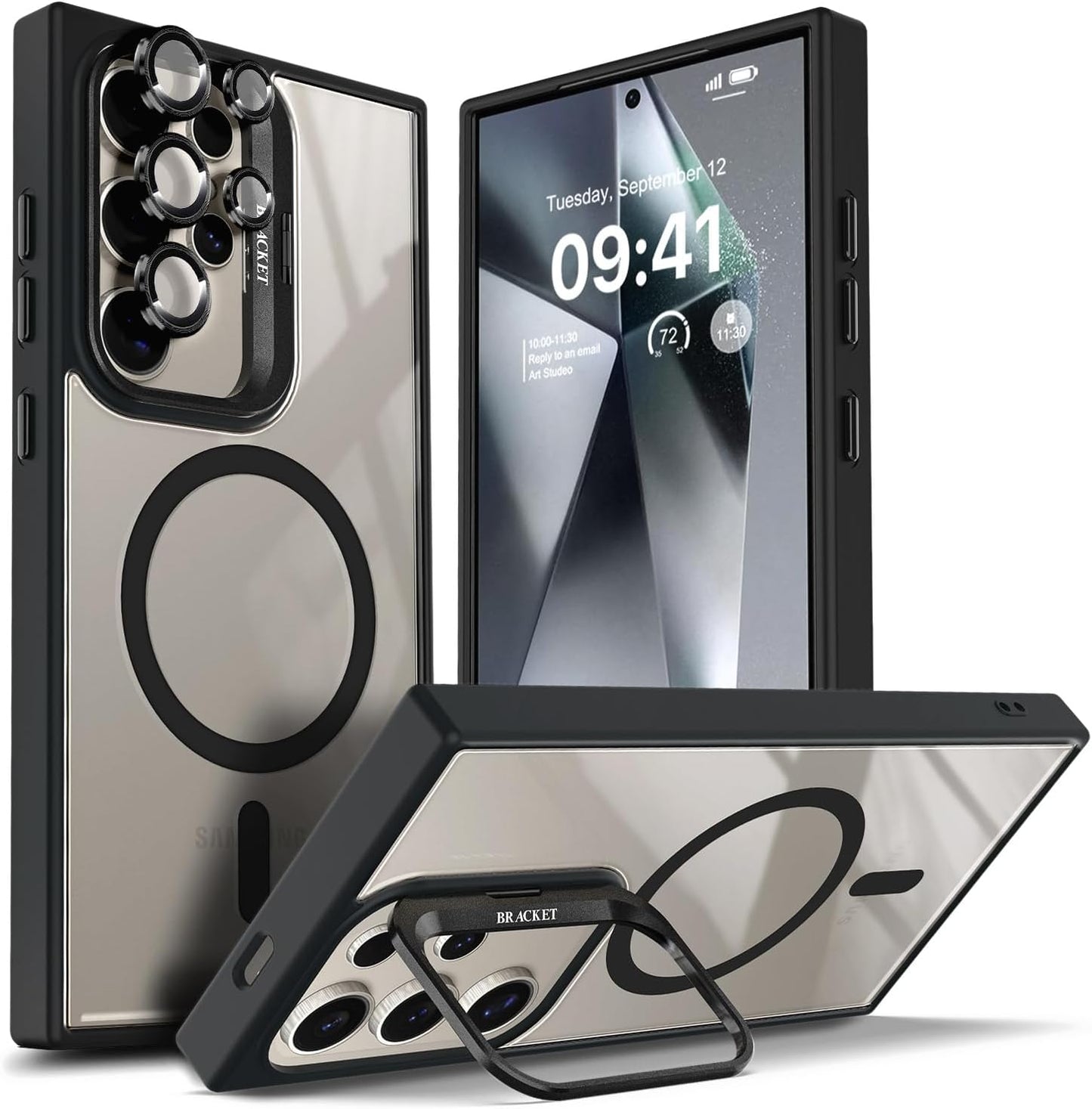 YZB Case Designed for Samsung Galaxy S24 Ultra Crystal Clear Back Cover Black | Magnetic Compatible with MagSafe, Built-in Stand, Camera Lens Protector, Anti-Yellowing, Scratch-Resistant